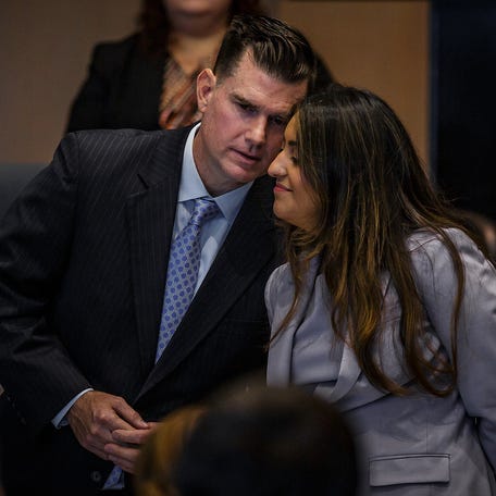 Timothy Ferriter, Jupiter, talks with his attorney Prya Murad during jury selection in his aggravated child abuse trial at the Palm Beach County Courthouse in downtown West Palm Beach, Fla., on September 29, 2023.