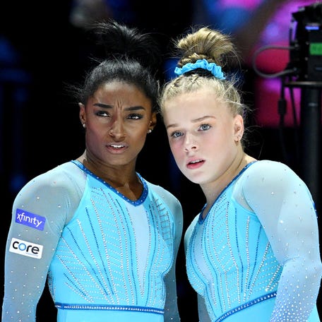 Joscelyn Roberson (right) grew up idolizing Simone Biles. Now they are U.S. teammates at the FIG Artistic Gymnastics World Championships in Antwerp, Belgium.