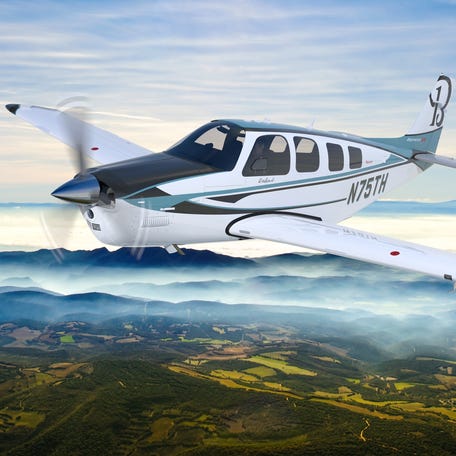 The special edition 75th anniversary option for the Beechcraft Bonanza G36 single-engine piston aircraft is distinguished by its custom interior and paint scheme inspired by Olive Ann Beechs signature blue color.