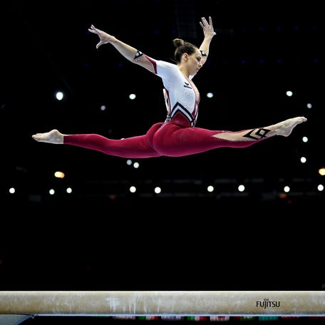 ANTWERP, BELGIUM - OCTOBER 02: Sarah Voss of Team Germany competes on Balance Beam during the Women's Qualifications on Day Three of the 2023 Artistic Gymnastics World Championships on October 02, 2023 in Antwerp, Belgium. (Photo by Matthias Hangst/Getty Images) ORG XMIT: 776030588 ORIG FILE ID: 1713537337