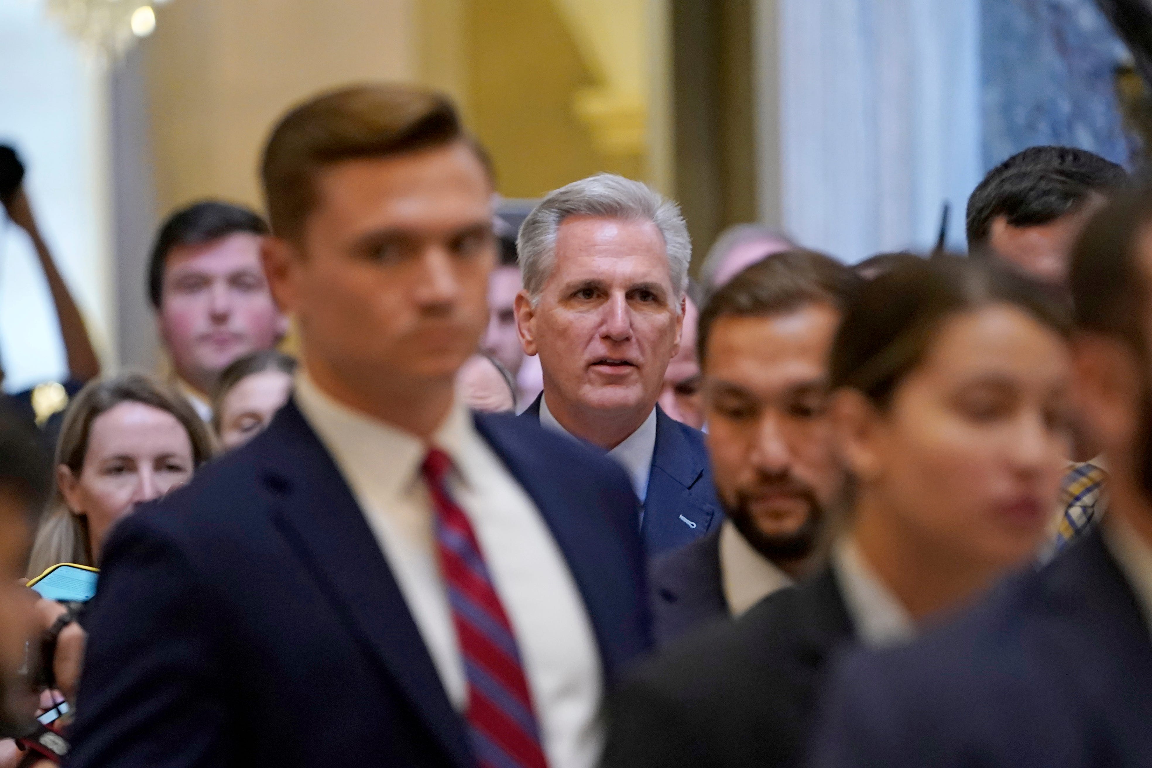 Speaker of the House Kevin McCarthy, R-Calif., makes his way to the House chambers to vote on the motion to vacate his speaker seat on Tuesday, Sept. 3, 2023, on Capitol Hill in Washington.