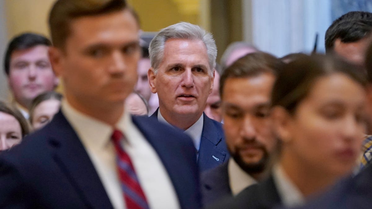 Speaker of the House Kevin McCarthy, R-Calif., makes his way to the House chambers to vote on the motion to vacate his speaker seat on Tuesday, Sept. 3, 2023, on Capitol Hill in Washington.