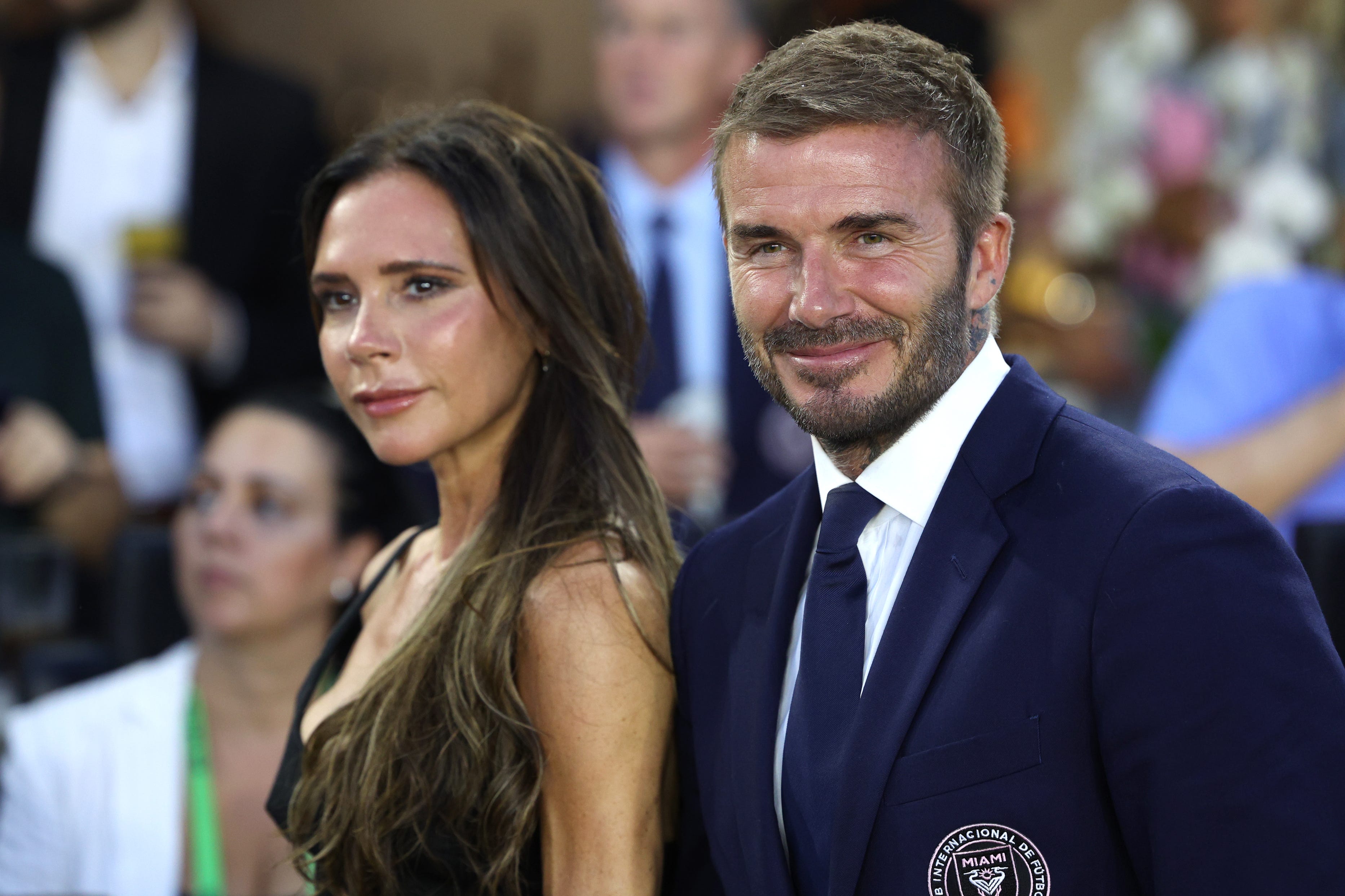 Jul 21, 2023; Fort Lauderdale, FL, USA; Inter Miami CF co-owner David Beckham and wife Victoria look on before the match against Cruz Azul at DRV PNK Stadium. Mandatory Credit: Nathan Ray Seebeck-USA TODAY Sports ORG XMIT: IMAGN-709321 ORIG FILE ID: