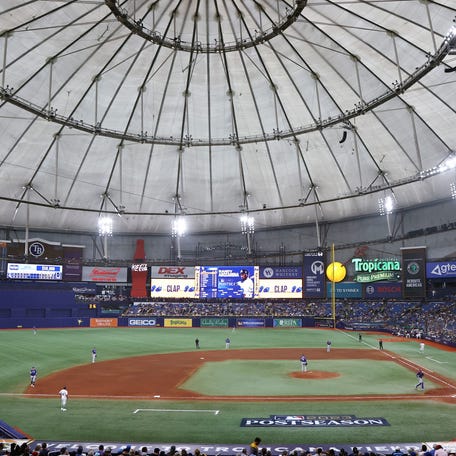 Oct 3, 2023; St. Petersburg, Florida, USA; A general view inside Tropicana Field during game one of the Wildcard series for the 2023 MLB playoffs between the Tampa Bay Rays and the Texas Rangers. Mandatory Credit: Kim Klement Neitzel-USA TODAY Sports