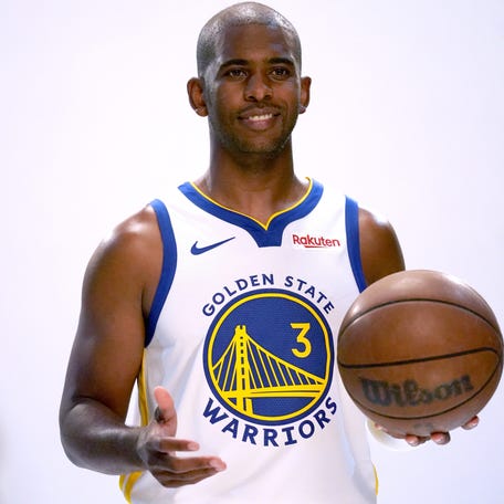 Oct 2, 2023; San Francisco, CA, USA; Golden State Warriors guard Chris Paul (3) during Media Day at the Chase Center.