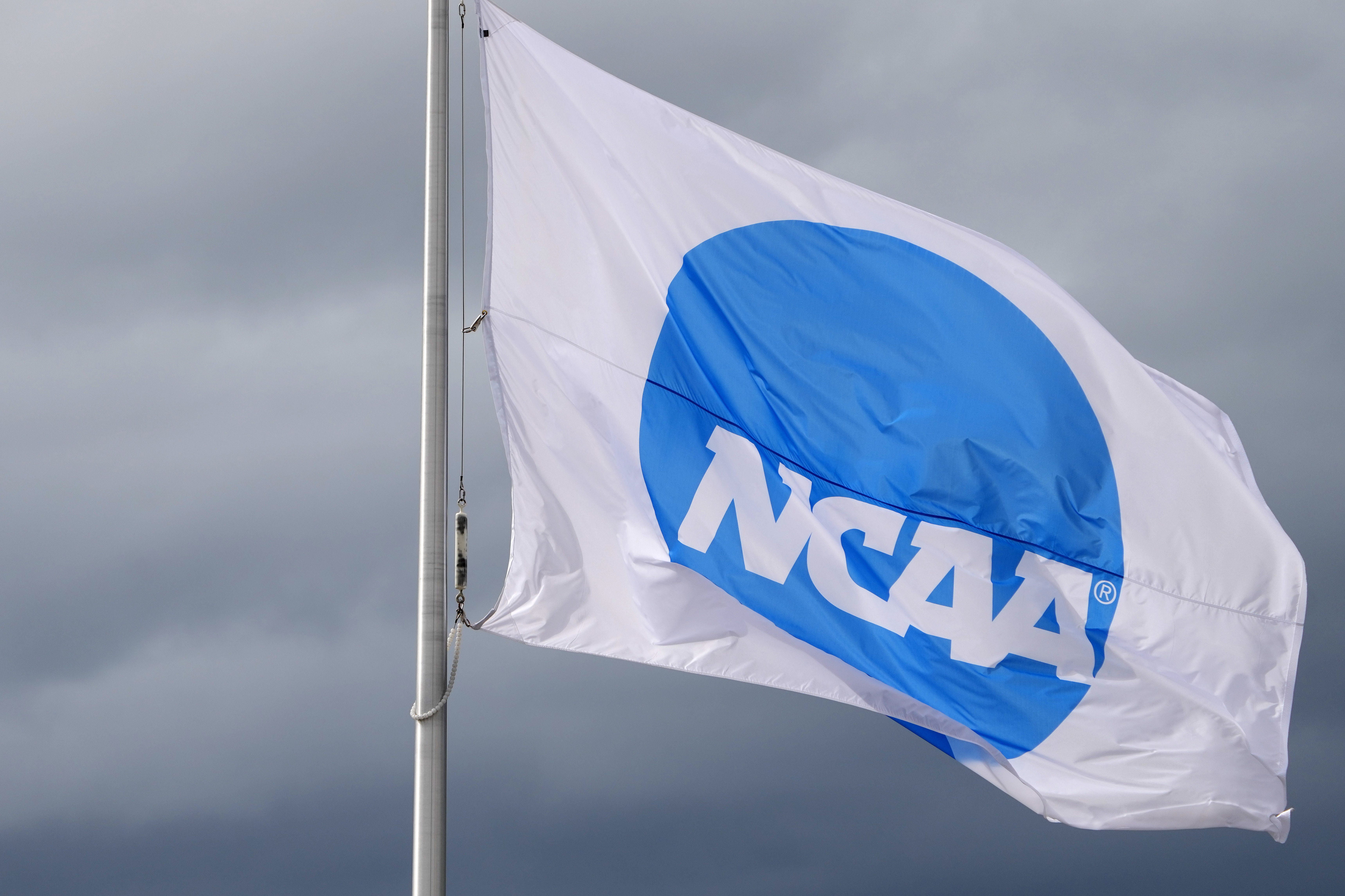 An NCAA logo flag at the NCAA Track and Field Championships at Hayward Field.