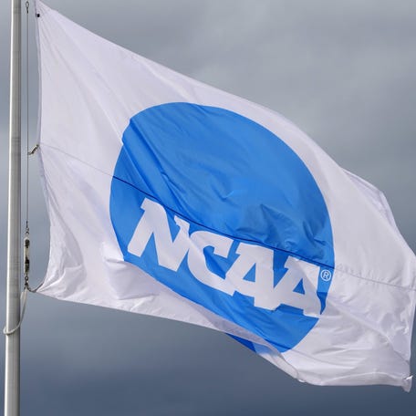 An NCAA logo flag at the NCAA Track and Field Championships at Hayward Field.