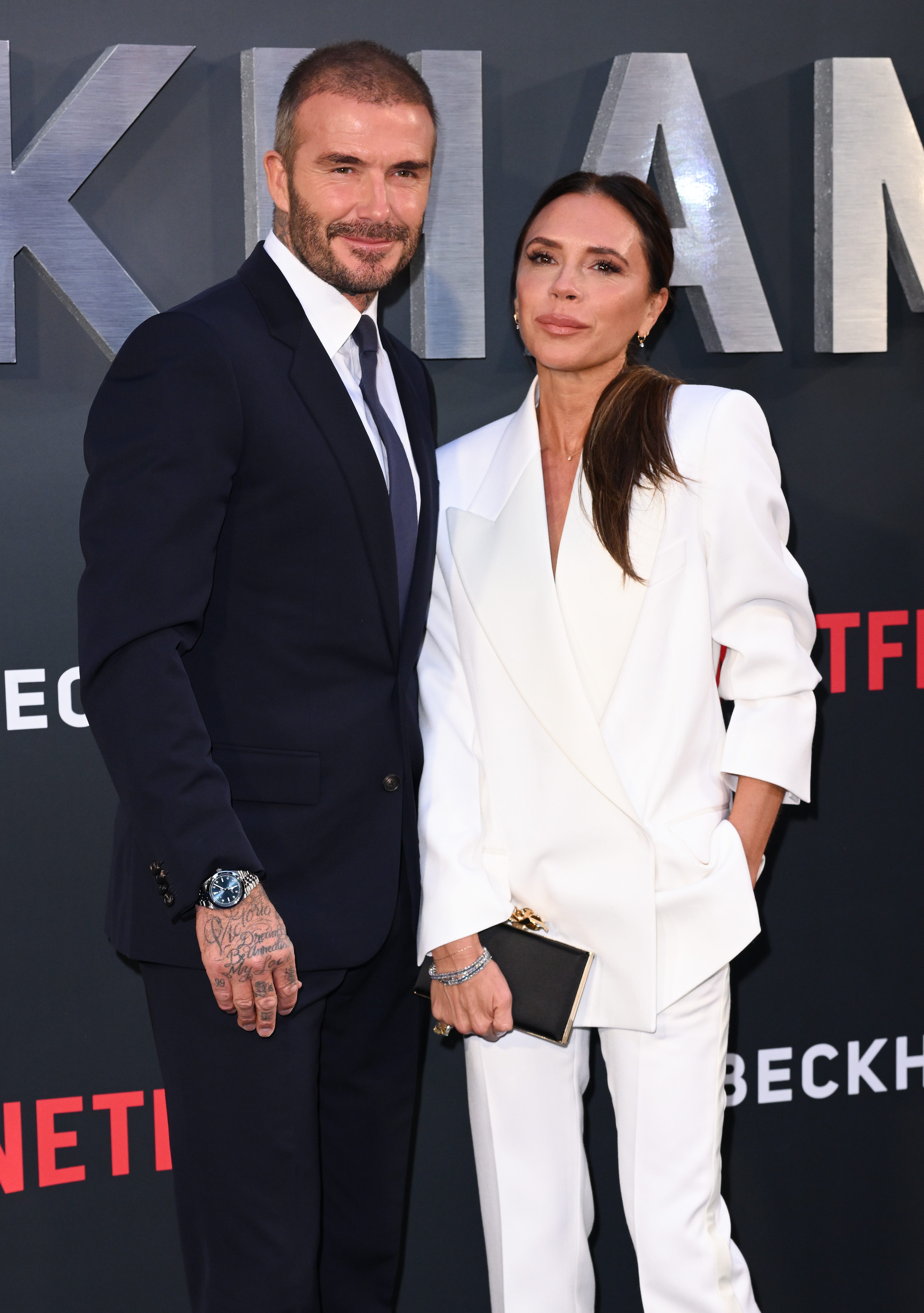 Victoria Beckham and David Beckham attend the premiere for the Netflix documentary "Beckham" on Oct. 3, 2023, in London.