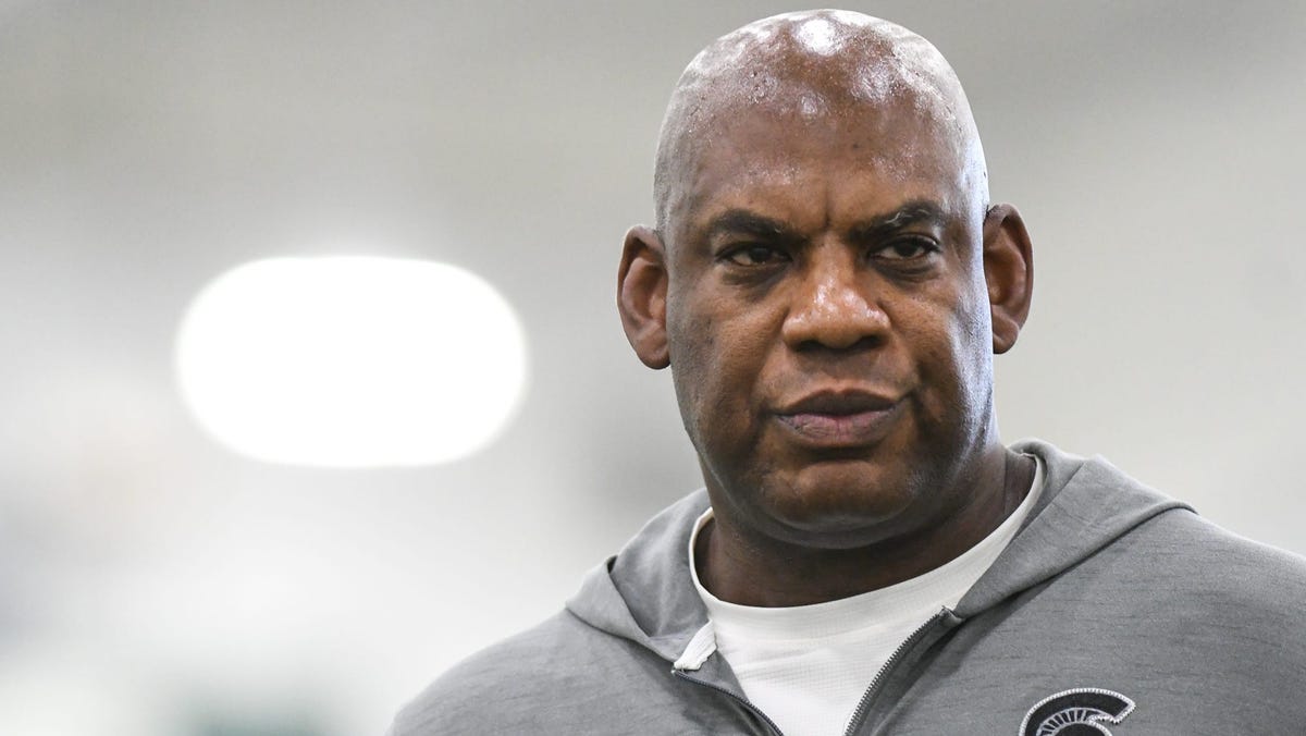MSU football coach Mel Tucker pictured Tuesday, March 14, 2023, during the first day of spring practice at the indoor football facilty in East Lansing.