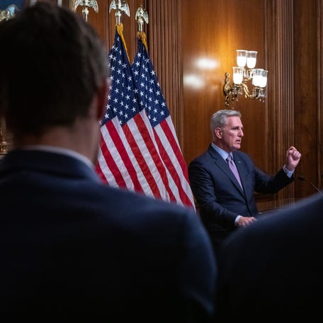 October 3, 2023: Former Speaker Kevin McCarthy (R-CA) speaks to the press after the motion to vacate his position passes in the U.S. Capitol, in Washington, DC.