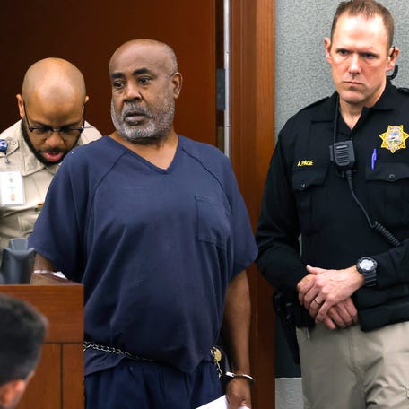 Duane "Keffe D" Davis is led into the courtroom at the Regional Justice Center on Wednesday, Oct. 4, 2023, in Las Vegas. Davis has been charged in the 1996 fatal drive-by shooting of rapper Tupac Shakur.