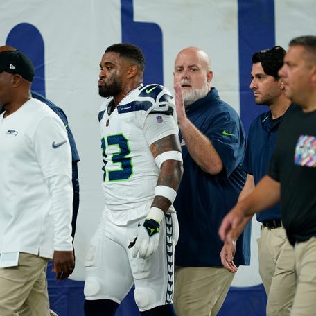 Seattle Seahawks safety Jamal Adams (33) walks off the field due to injury in the first half against the New York Giants at MetLife Stadium on Monday, Oct. 2, 2023, in East Rutherford.