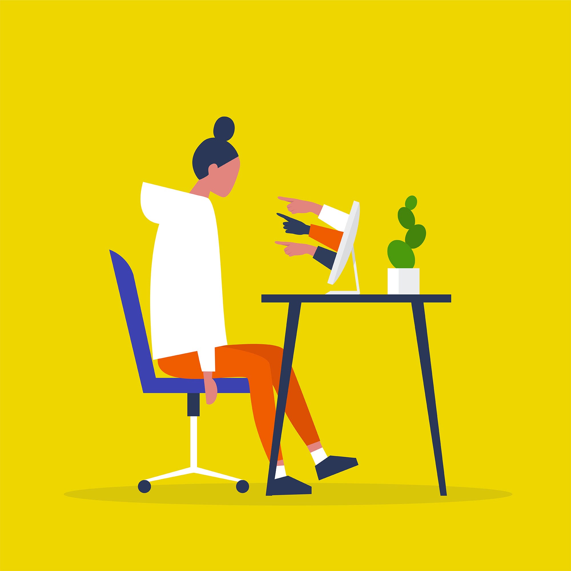 A victim of cyberbullying sitting at the computer. Misogyny. Sexism. Pointing fingers of haters. Internet aggression. Modern life issues. Millennials.