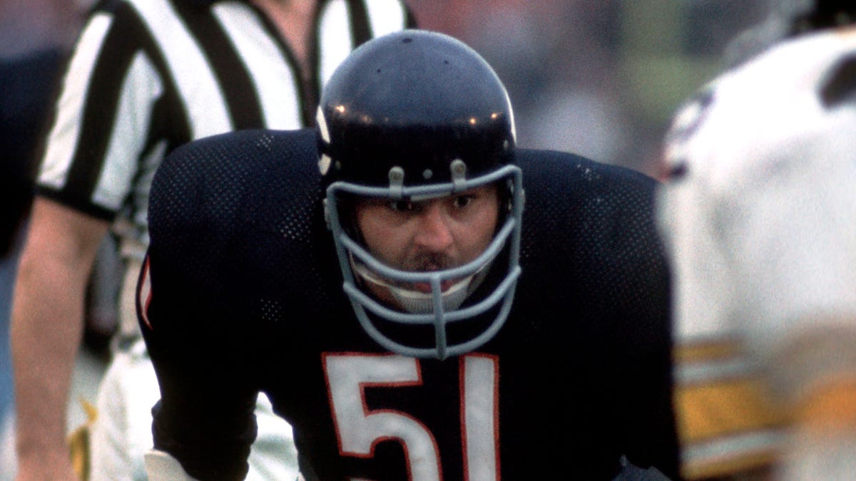 Sep 19, 1971; Chicago, IL, USA; FILE PHOTO; Chicago Bears linebacker (51) Dick Butkus in action against the Pittsburgh Steelers at Soldier Field. The Bears defeated the Steelers 17-15. Mandatory Credit: Photo By Manny Rubio-USA TODAY Sports © Copyright Manny Rubio