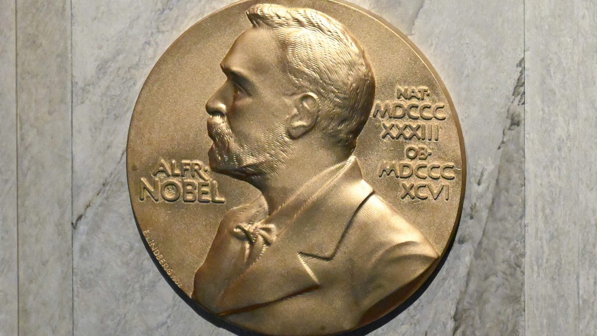 This file photo taken on Dec. 10, 2022 shows a plaque with Alfred Nobel, a Swedish inventor who bequeathed his fortune to establish the Nobel Prize.