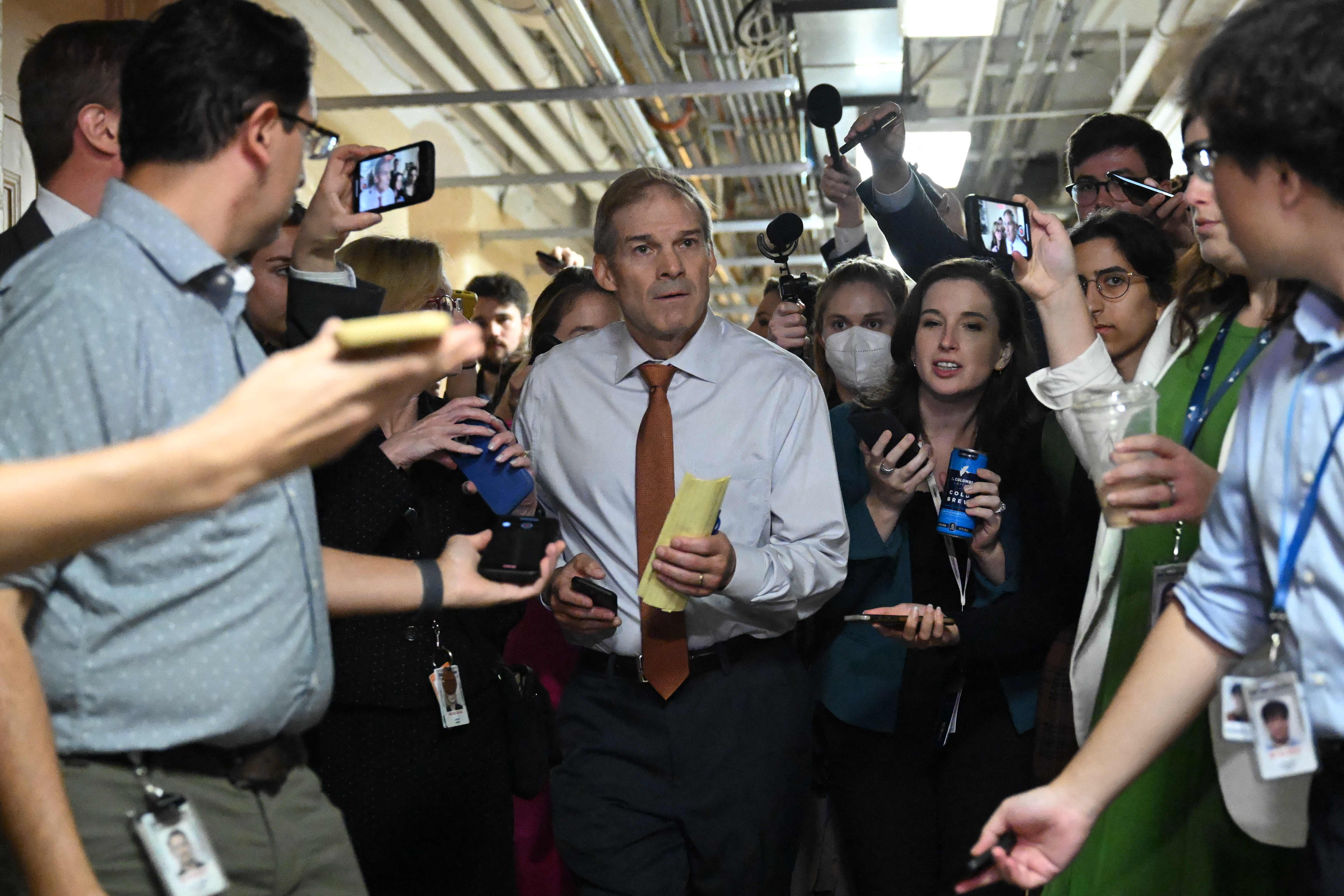 Representative Jim Jordan, R-Ohio, speaks to members of the media at the US Capitol in Washington, DC, on Oct. 4, 2023. Lawmakers screamed and bickered in a raucous session on Oct. 3, 2023, that eventually yielded to a stunned silence: for the first time in US history the House of Representatives had removed its own speaker. Kevin McCarthy fell victim to a rebellion by a small far-right clutch in his Republican Party that has made life hell for him since he took up   the speaker's gavel in January. Jordan has stated he will run to replace McCarthy in the role of House Speaker.