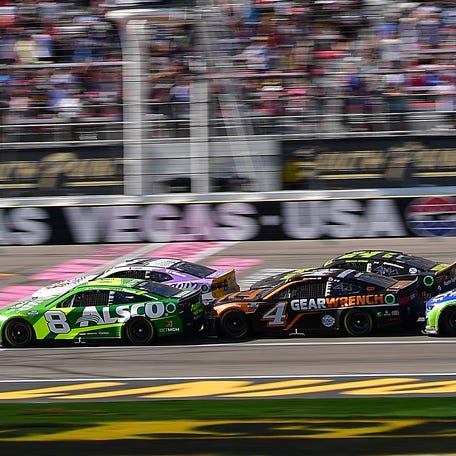 NASCAR Cup Series drivers take green flag for a restart in the playoff race at Las Vegas Motor Speedway on Oct. 16, 2022.