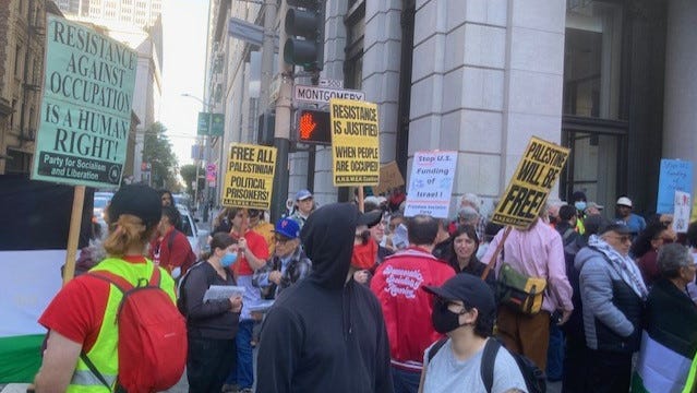 Pro-Palestinian demonstrators rallied and chanted slogans near the Israeli Consulate in San Francisco on Sunday, Oct. 8, 2023. Supporters of Israel and Palestinian cause gathered in several U.S. cities Sunday over the attacks that have killed hundreds and injured thousands in the Middle East.