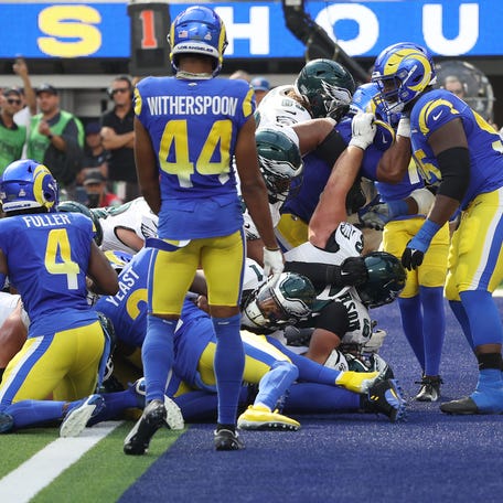 Jalen Hurtsscores a touchdown during the second quarter against the Los Angeles Rams at SoFi Stadium.