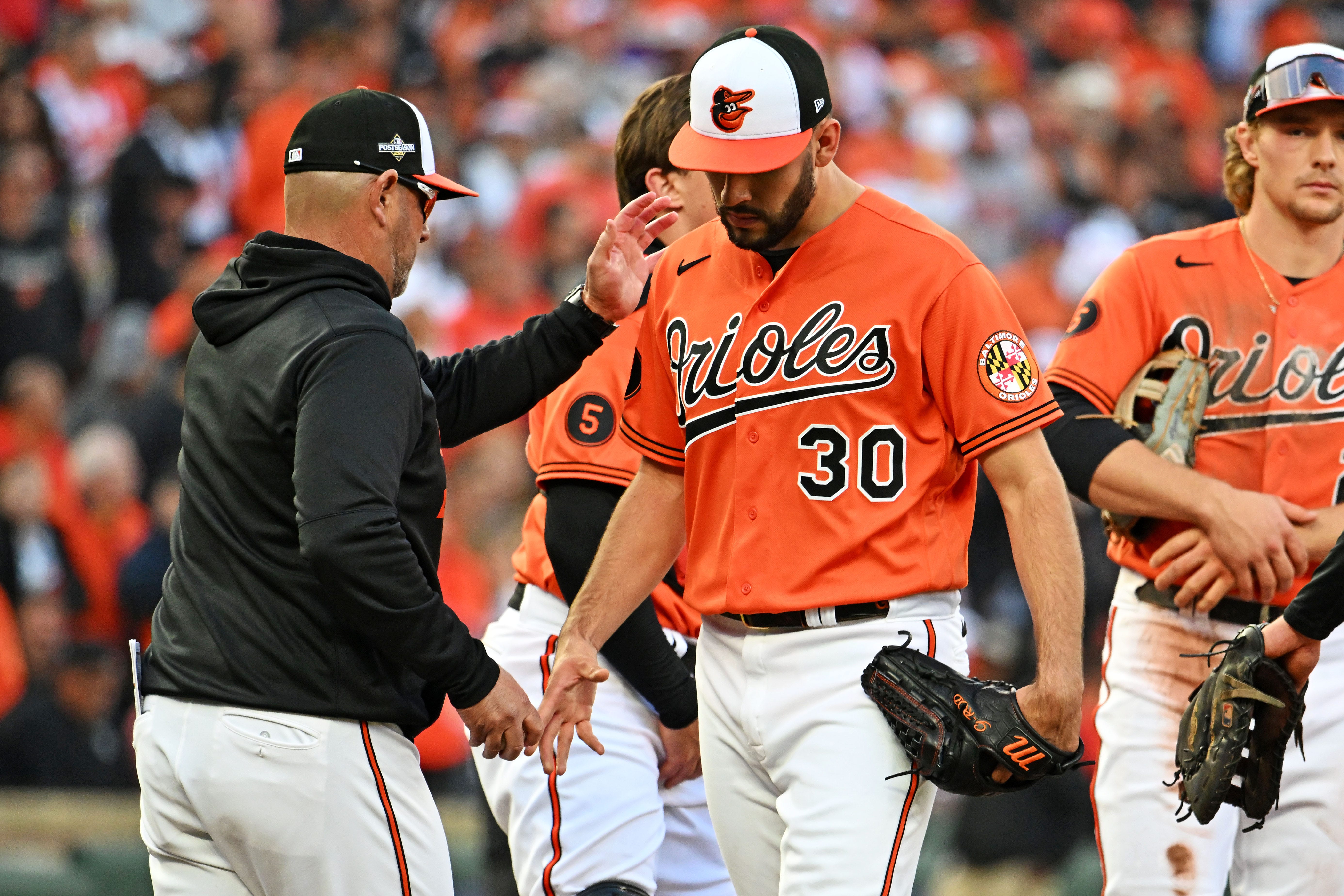 Baltimore Orioles starting pitcher Grayson Rodriguez (30) is pulled from the game during the second inning of Game 2 of the American League Division Series against the Texas Rangers.