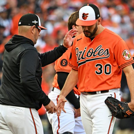 Baltimore Orioles starting pitcher Grayson Rodriguez (30) is pulled from the game during the second inning of Game 2 of the American League Division Series against the Texas Rangers.