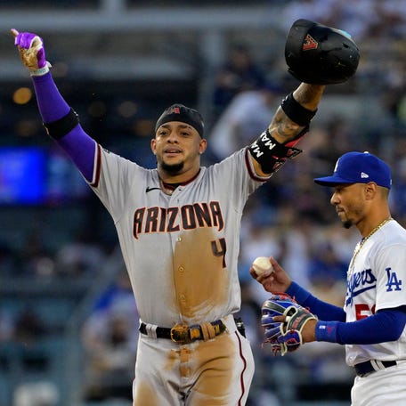 Ketel Marte reacts after hitting a double against the Los Angeles Dodgers during Game 1.