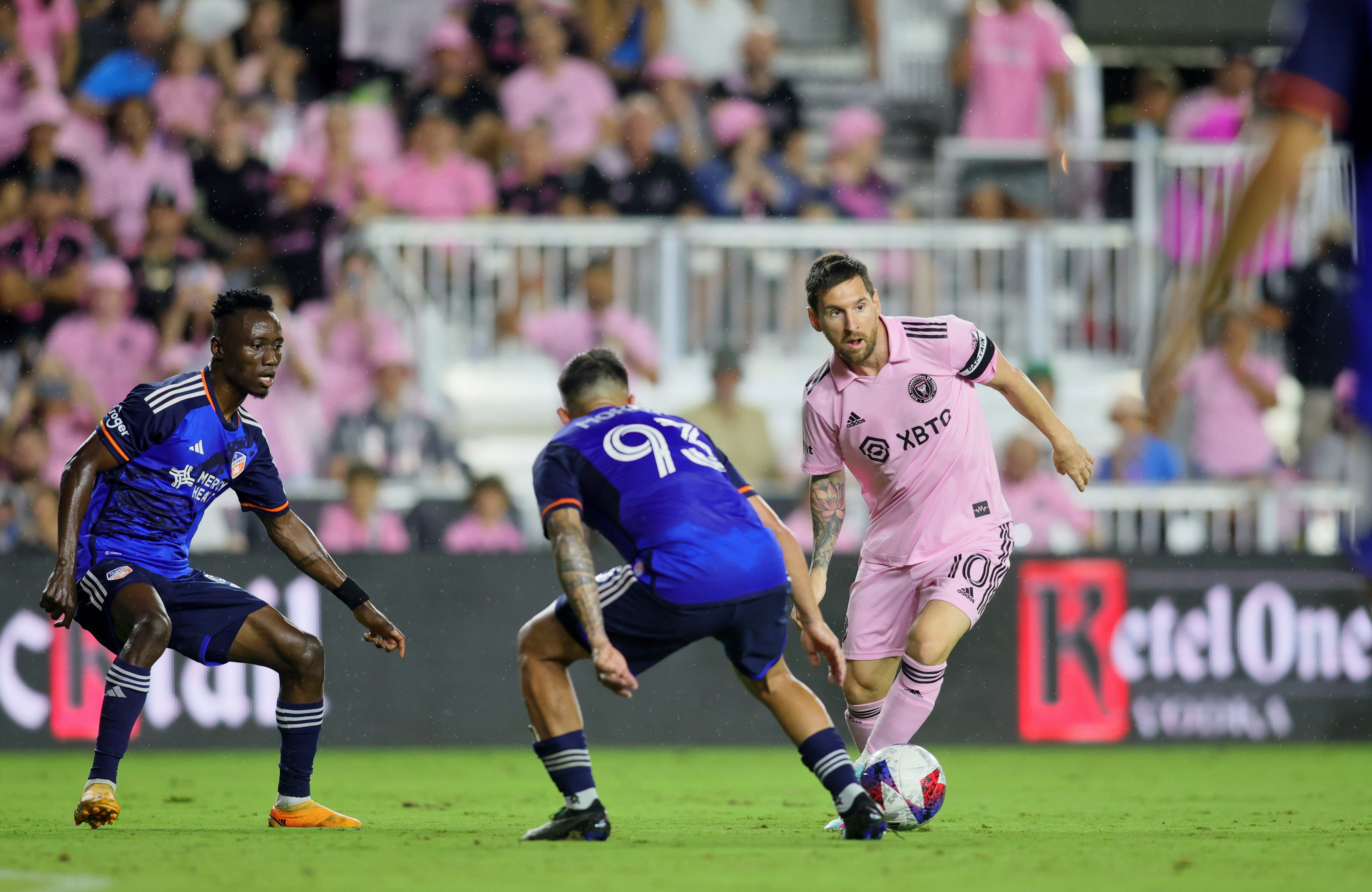 Oct. 7: Inter Miami's Lionel Messi (10) dribbles the ball against FC Cincinnati's Junior Moreno during the second half at DRV PNK Stadium. FC Cincinnati won the game, 1-0, eliminating Miami from playoff contention.