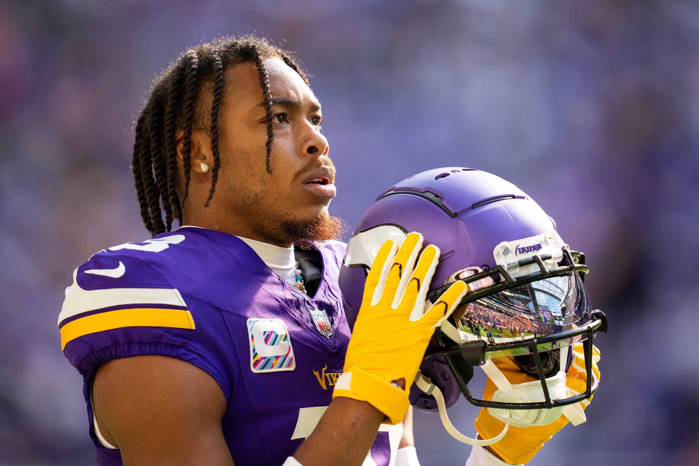 Minnesota Vikings wide receiver Justin Jefferson gets ready to play against the Kansas City Chiefs before their Oct. 8 game.