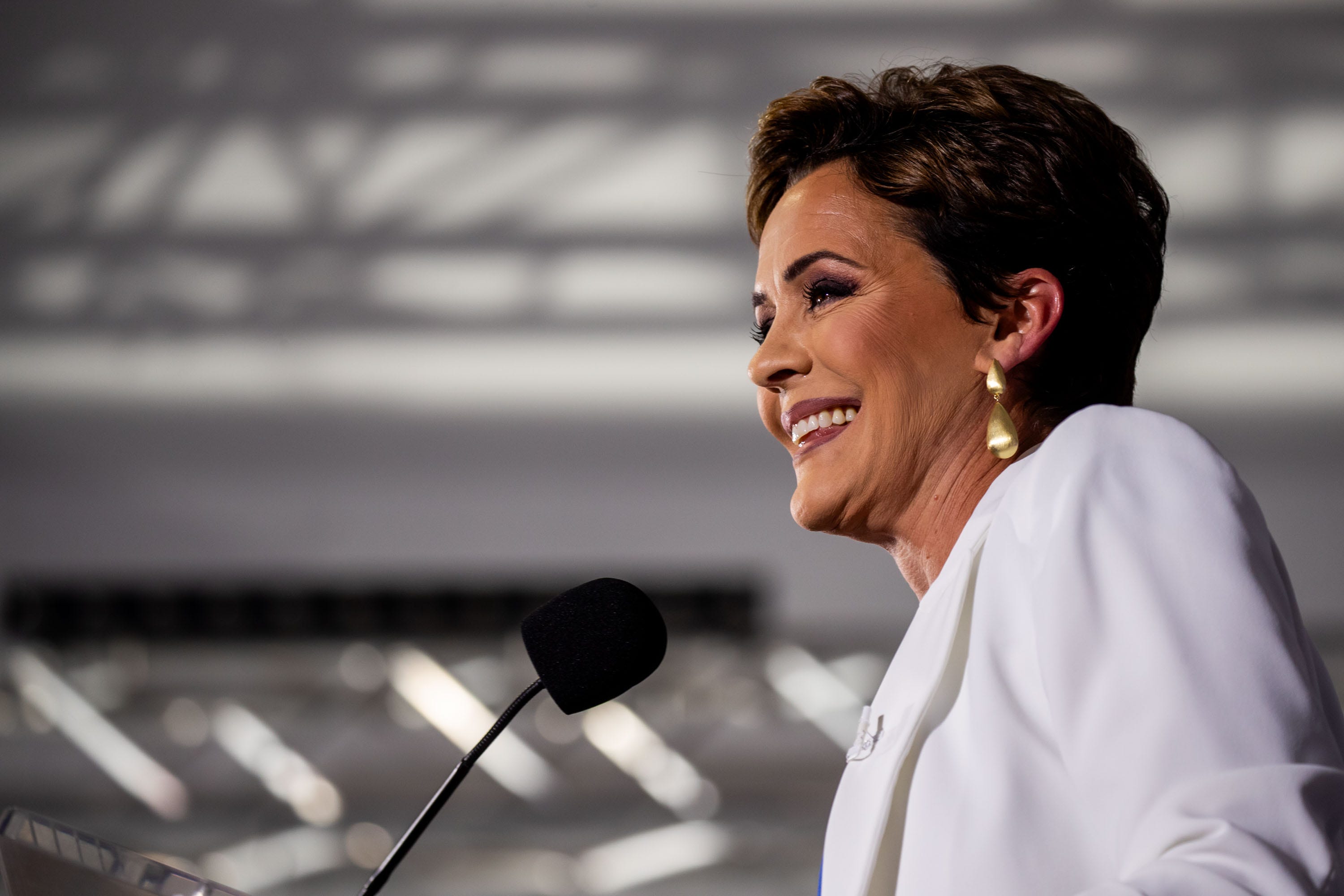 Kari Lake formally announces her bid for the U.S. Senate during an announcement rally at Jetset Magazine in Scottsdale on Oct. 10, 2023.