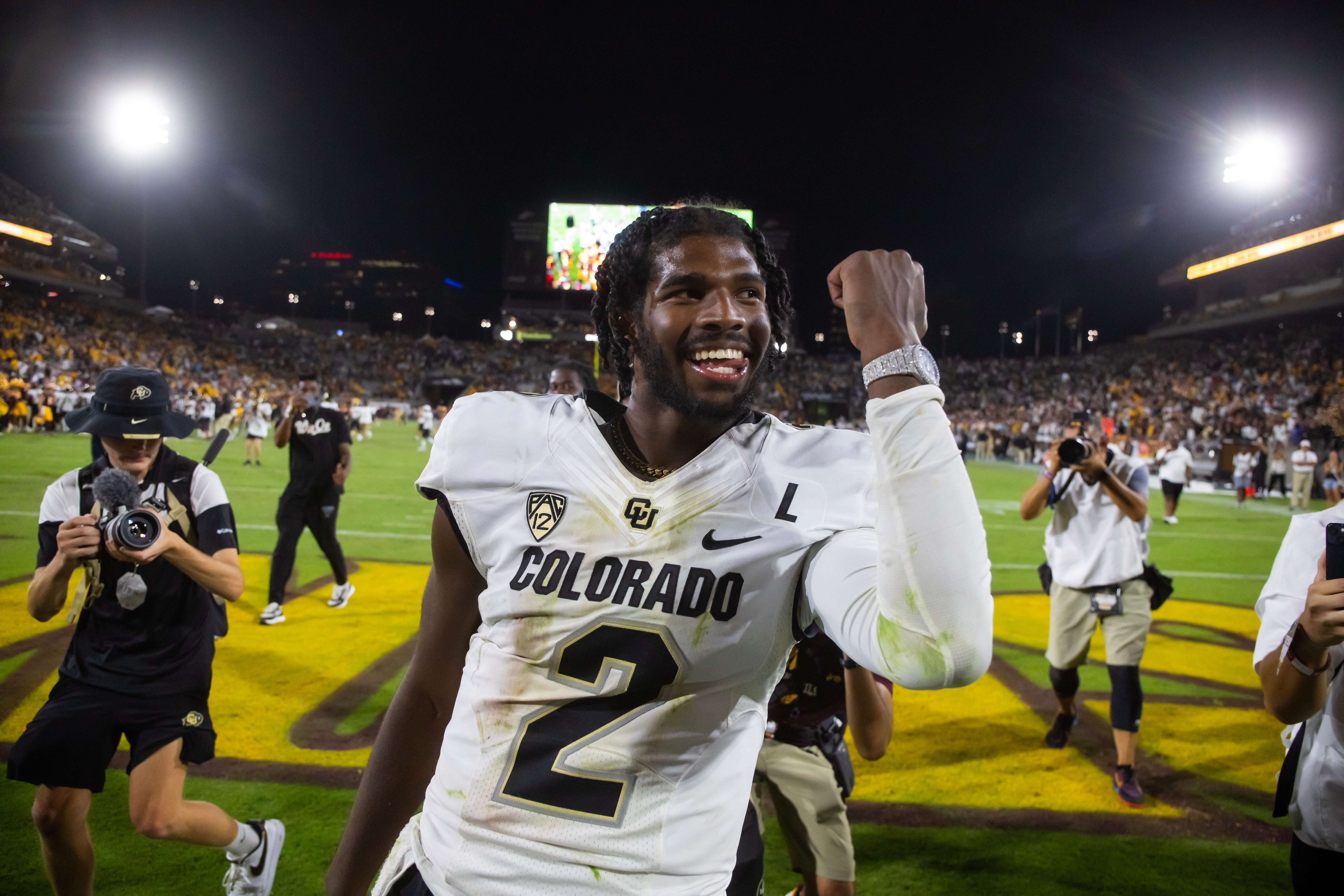 Colorado quarterback Shedeur Sanders breaks out his "watch move" after defeating Arizona State last week.