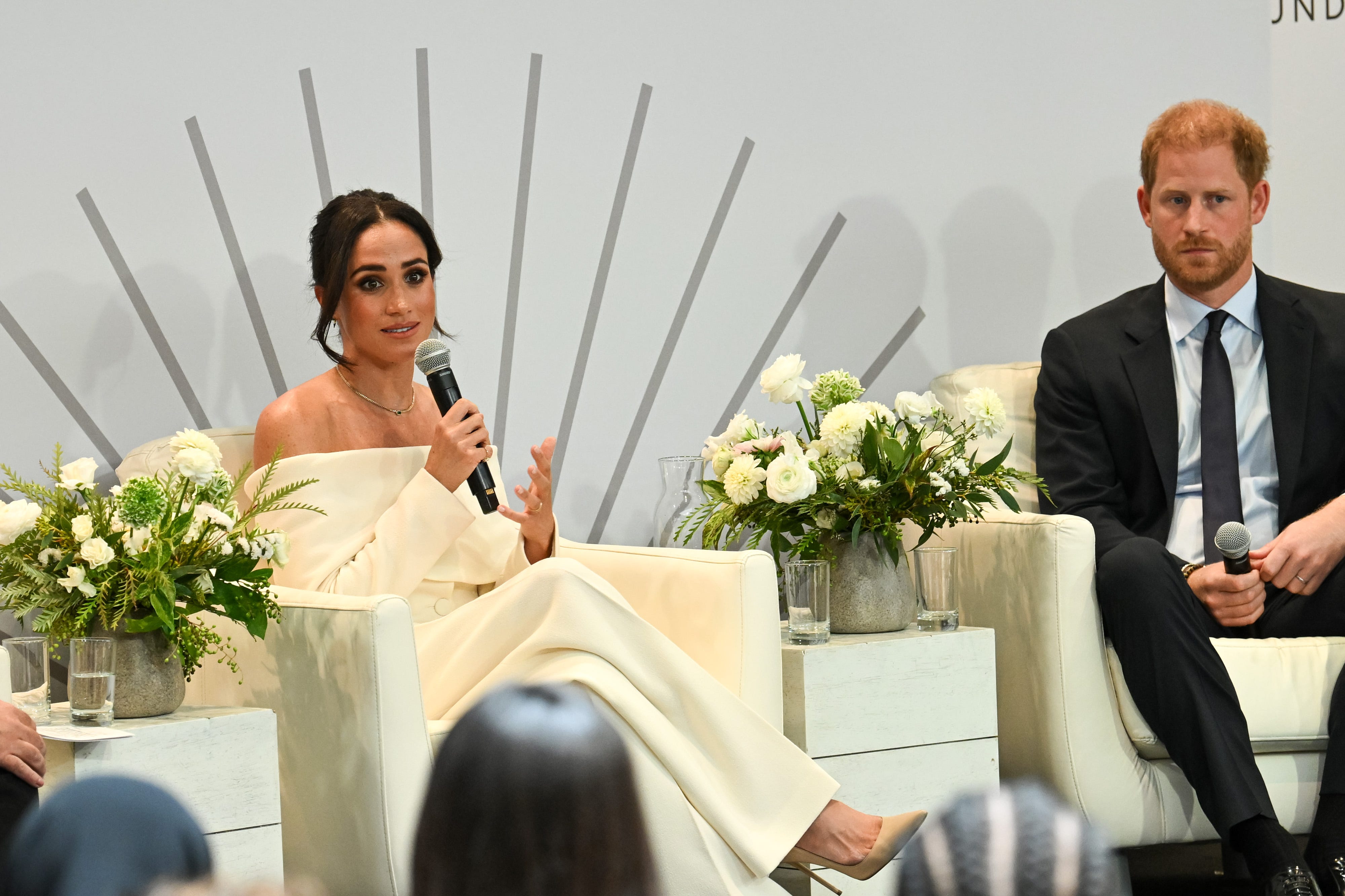 NEW YORK, NEW YORK - OCTOBER 10: (L-R) Meghan, Duchess of Sussex and Prince Harry, Duke and Duchess of Sussex, speak onstage at The Archewell Foundation Parents' Summit: Mental Wellness in the Digital Age during Project Healthy Minds' World Mental Health Day Festival 2023 at Hudson Yards on October 10, 2023 in New York City. (Photo by Bryan Bedder/Getty Images for Project Healthy Minds) ORG XMIT: 776044239 ORIG FILE ID: 1728284196