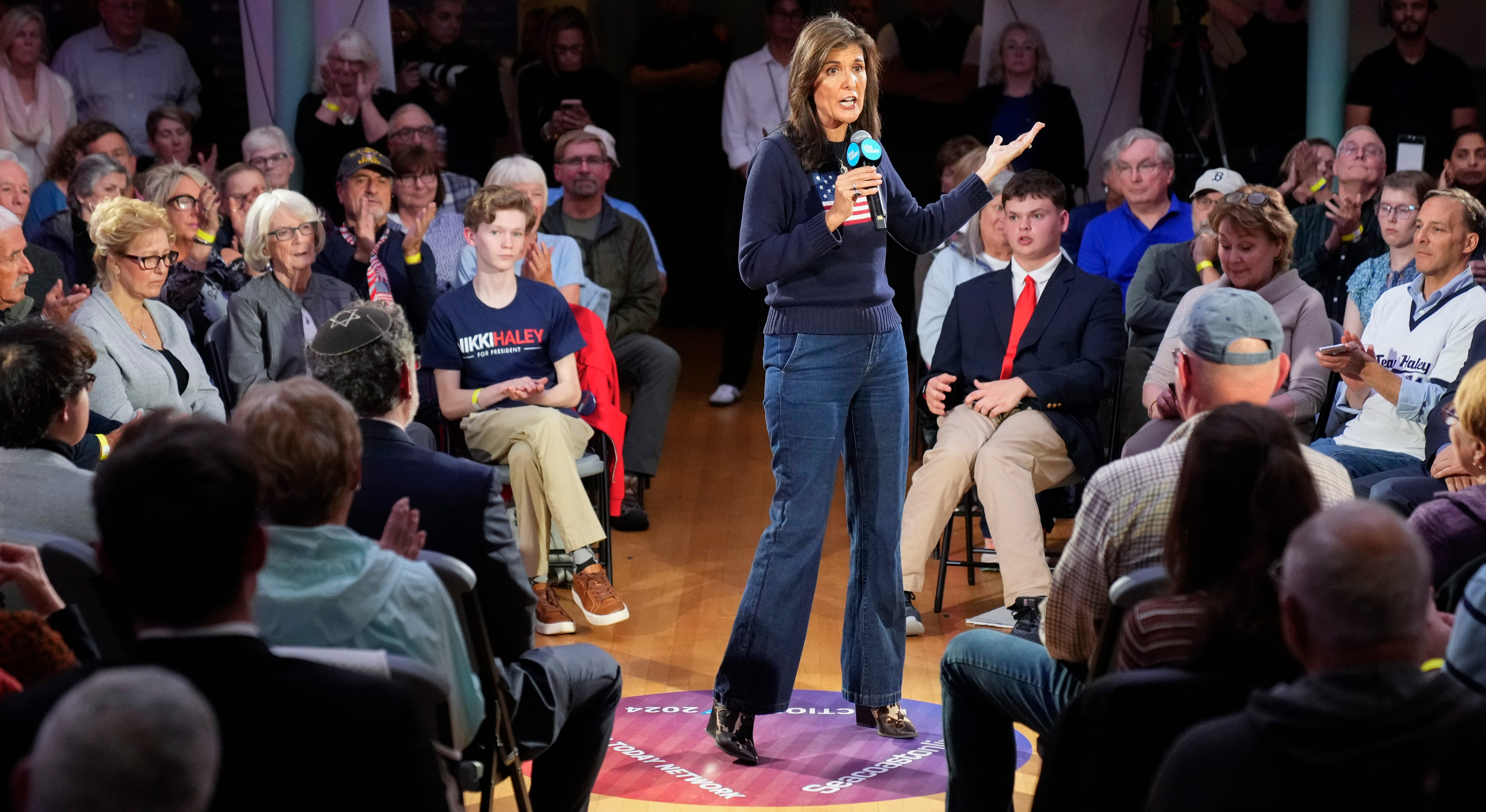 Republican presidential candidate Nikki Haley speaks during the Seacoast Media Group and USA TODAY Network 2024 Republican Presidential Candidate Town Hall Forum held in the historic Exeter Town Hall in Exeter, New Hampshire. The former Governor of South Carolina and former United States Ambassador to the United Nations spoke to prospective New Hampshire voters about issues during the hour-long form.