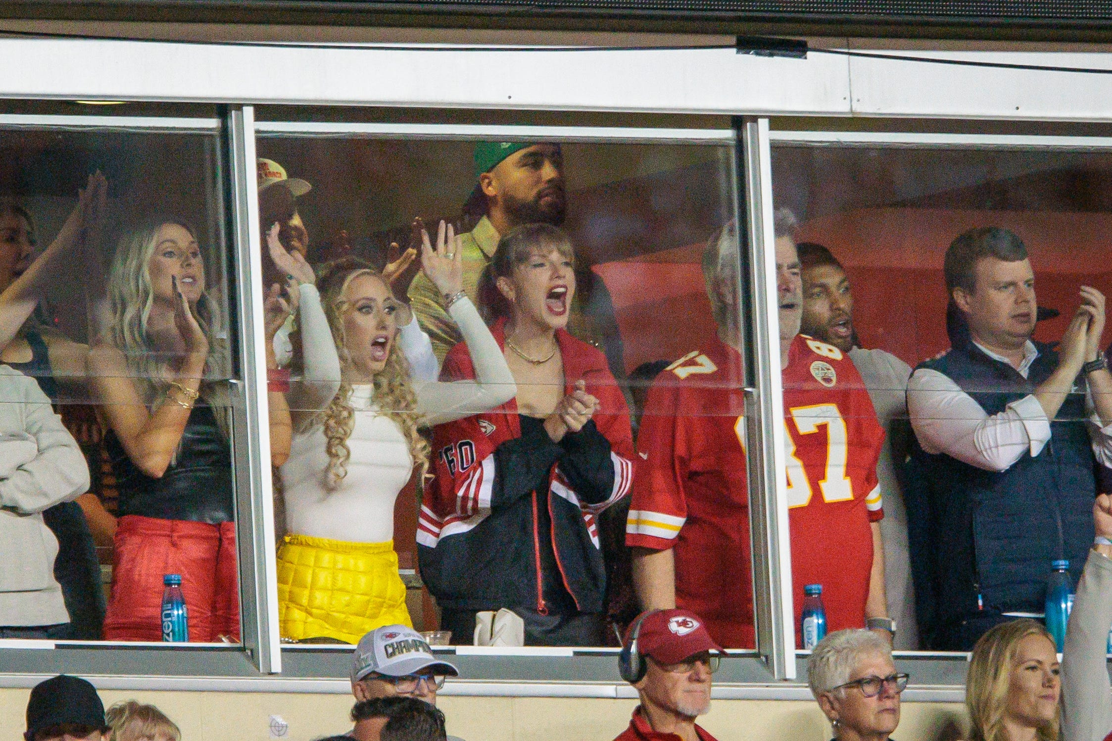 Taylor Swift and Brittany Mahomes cheer during the Kansas City Chiefs' game against the Denver Broncos.