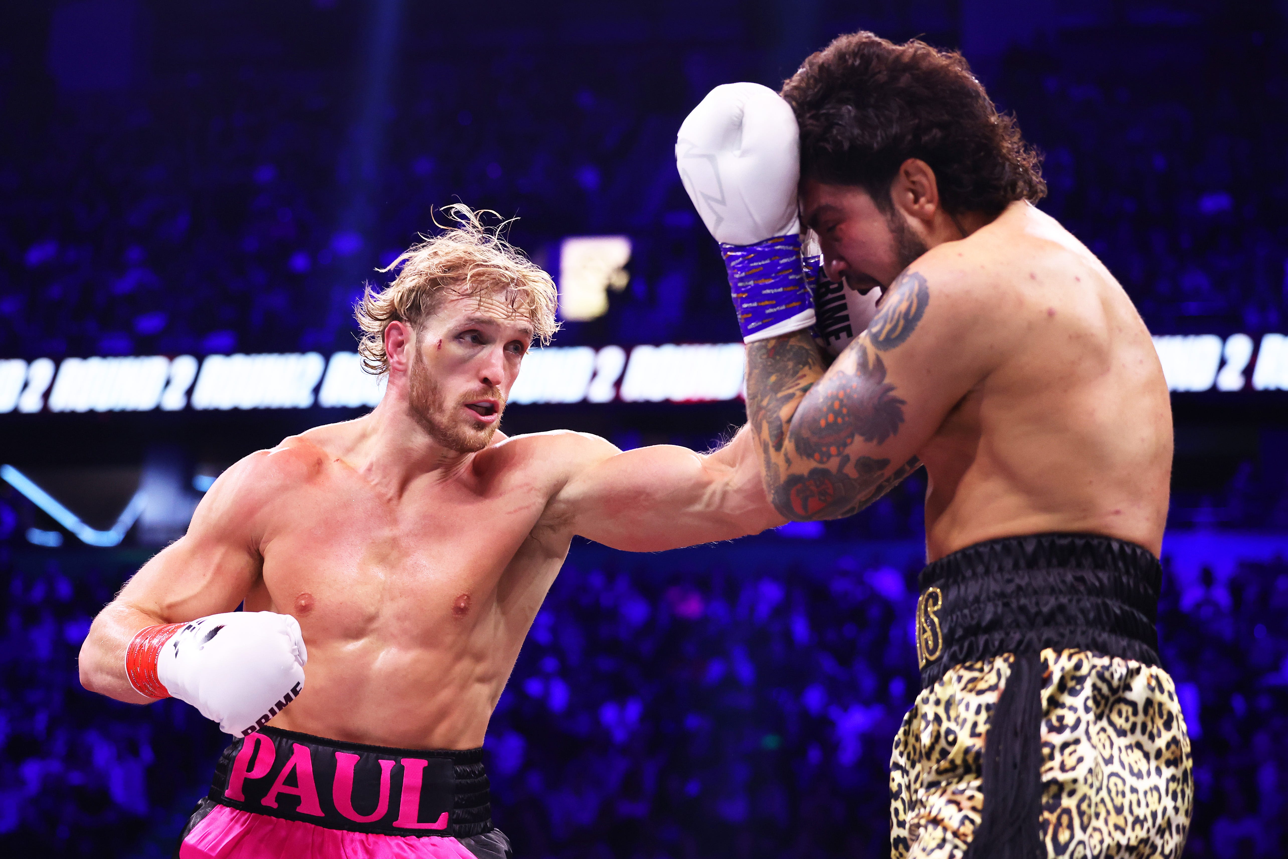 Logan Paul punches Dillon Danis during the Misfits Heavyweight fight in Manchester, England.