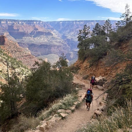 Backcountry hikers ascend the Bright Angel Trail on the South Rim of Grand Canyon National Park.