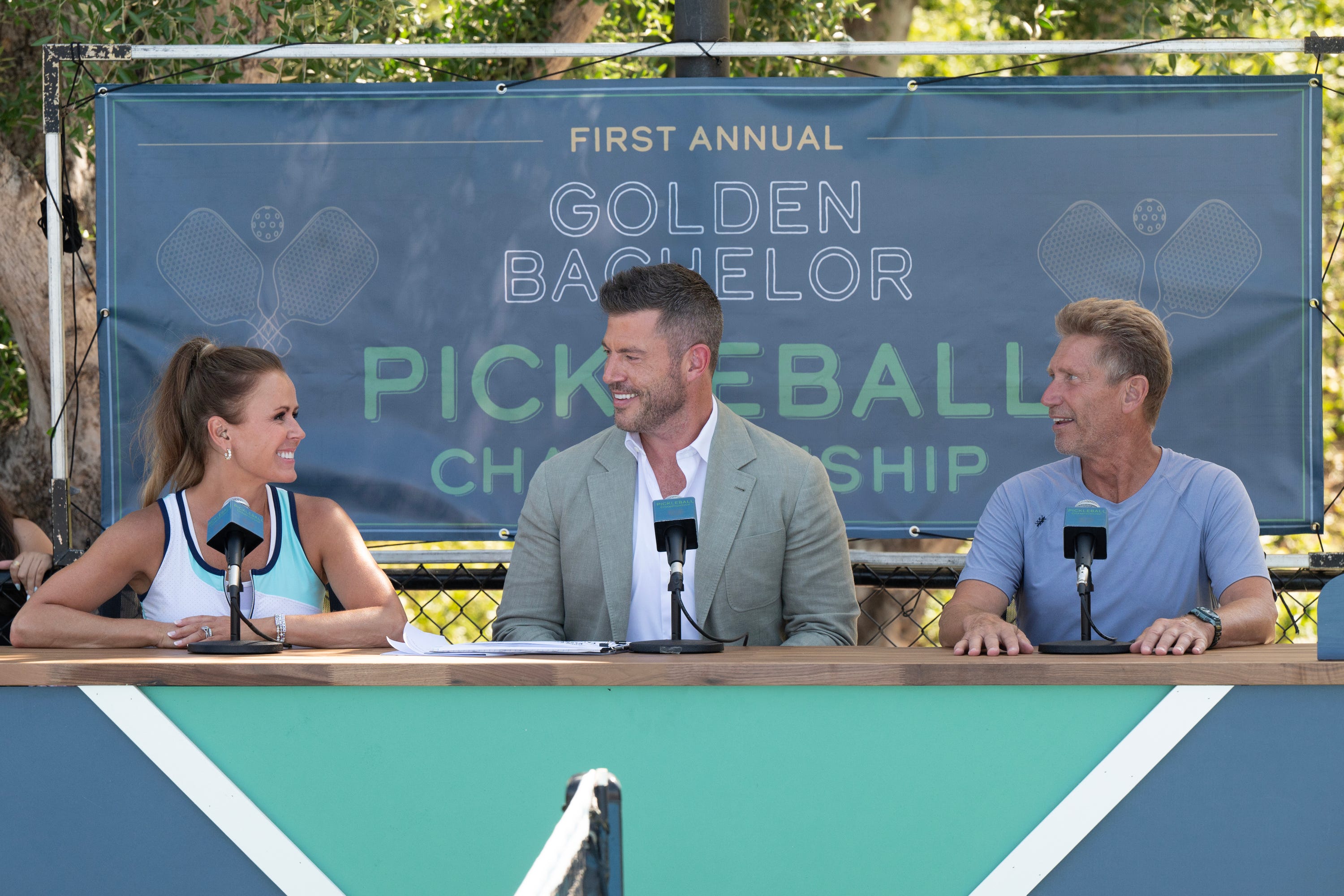 Trista Sutter, Jesse Palmer and Gerry Turner sit for the First Annual Golden Bachelor Pickleball Tournament on "The Golden Bachelor."