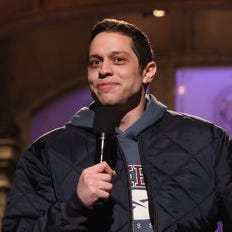 Host Pete Davidson delivers the opening monologue during "Saturday Night Live" Season 49's premiere on Oct. 14, 2023.