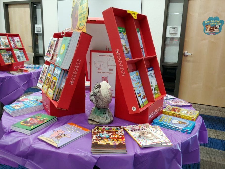 A Scholastic book fair display at a school for sixth graders in New Mexico.