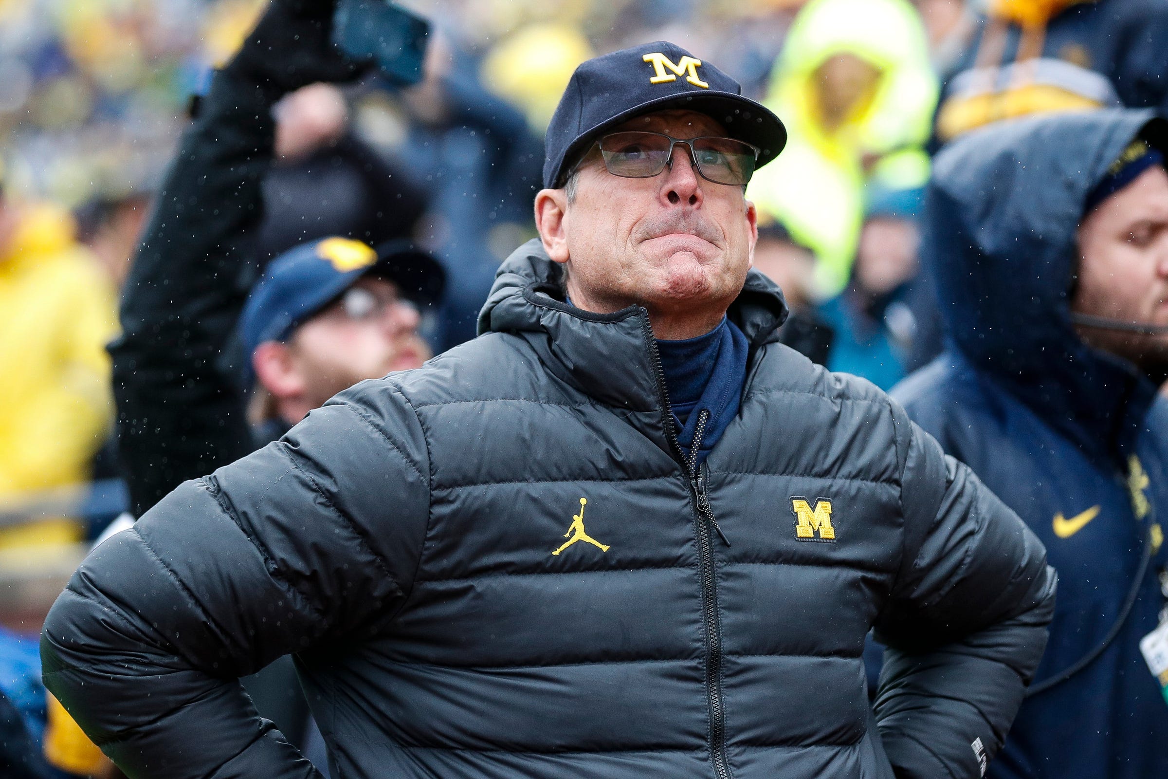 Michigan coach Jim Harbaugh looks on fro the sidelines during the Wolverines' game against Indiana on Oct. 14, 2023.
