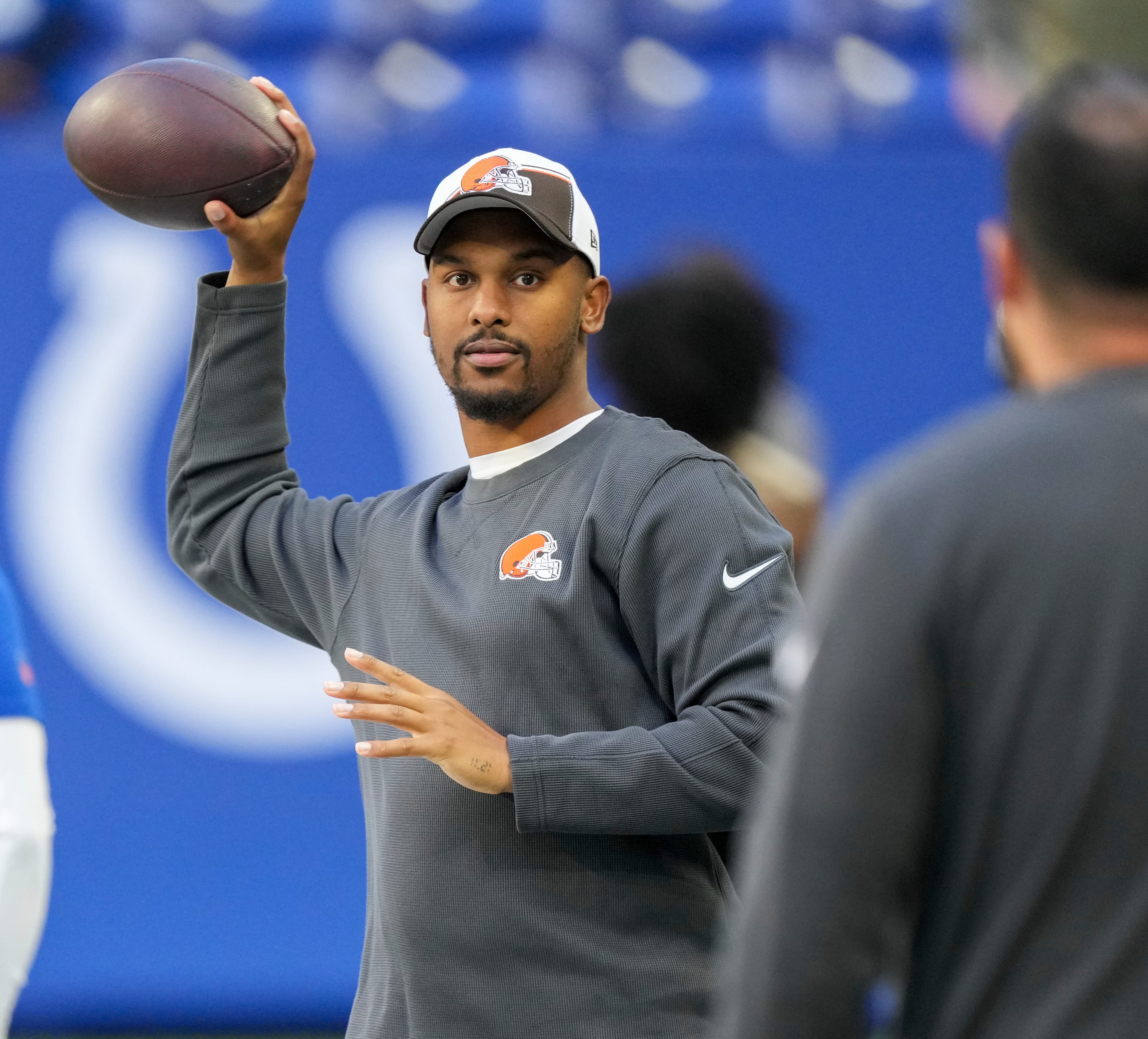 Ashton Grant, Browns offensive assistant and quarterbacks coach, before the game on Sunday, Oct. 22, 2023, at Lucas Oil Stadium in Indianapolis.