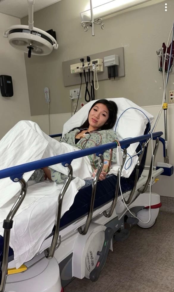 Janna Kim at the hospital in August after experiencing anaphylaxis from bee pollen.