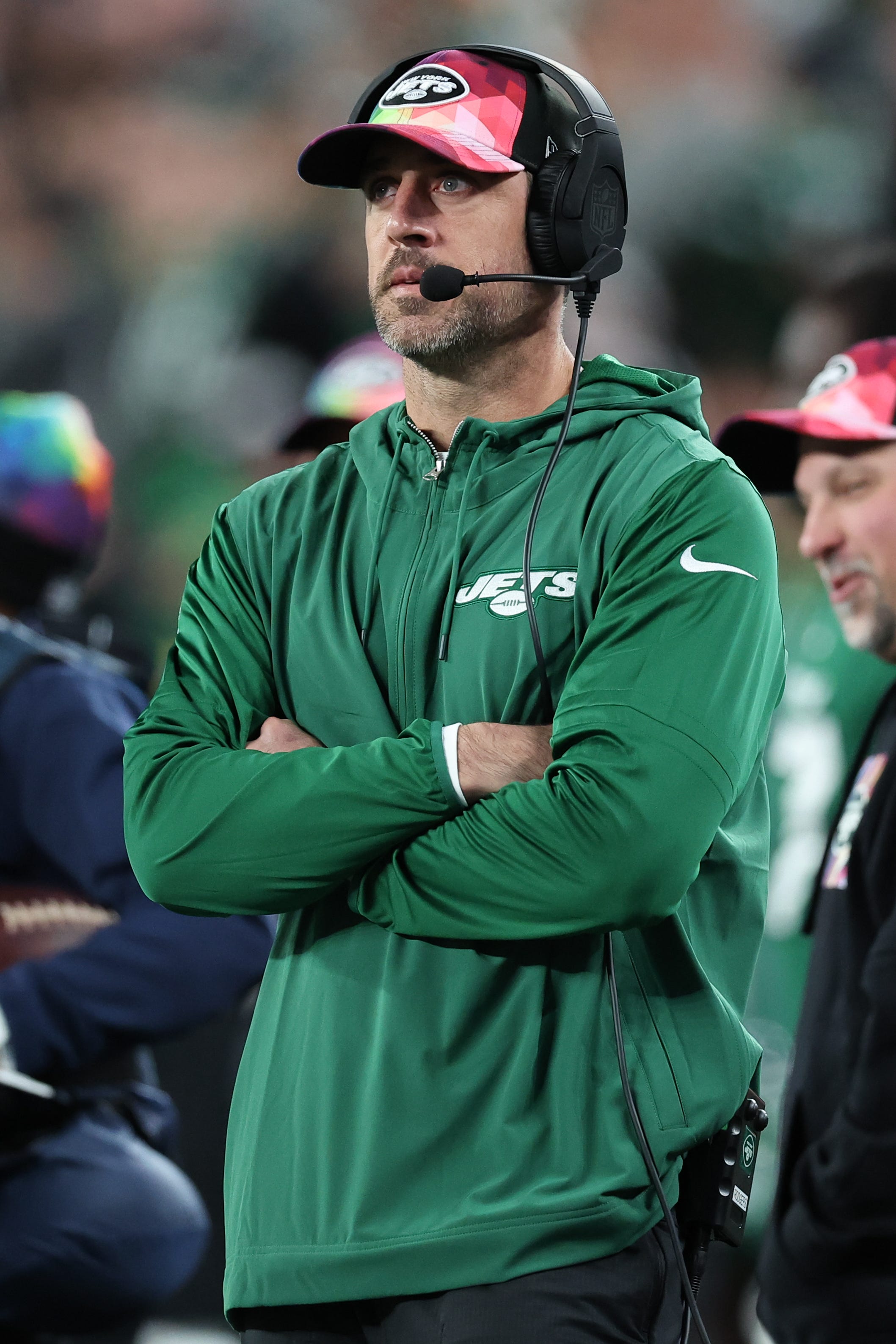 Aaron Rodgers looks on during the New York Jets' game against the Philadelphia Eagles at MetLife Stadium on Oct. 15, 2023.