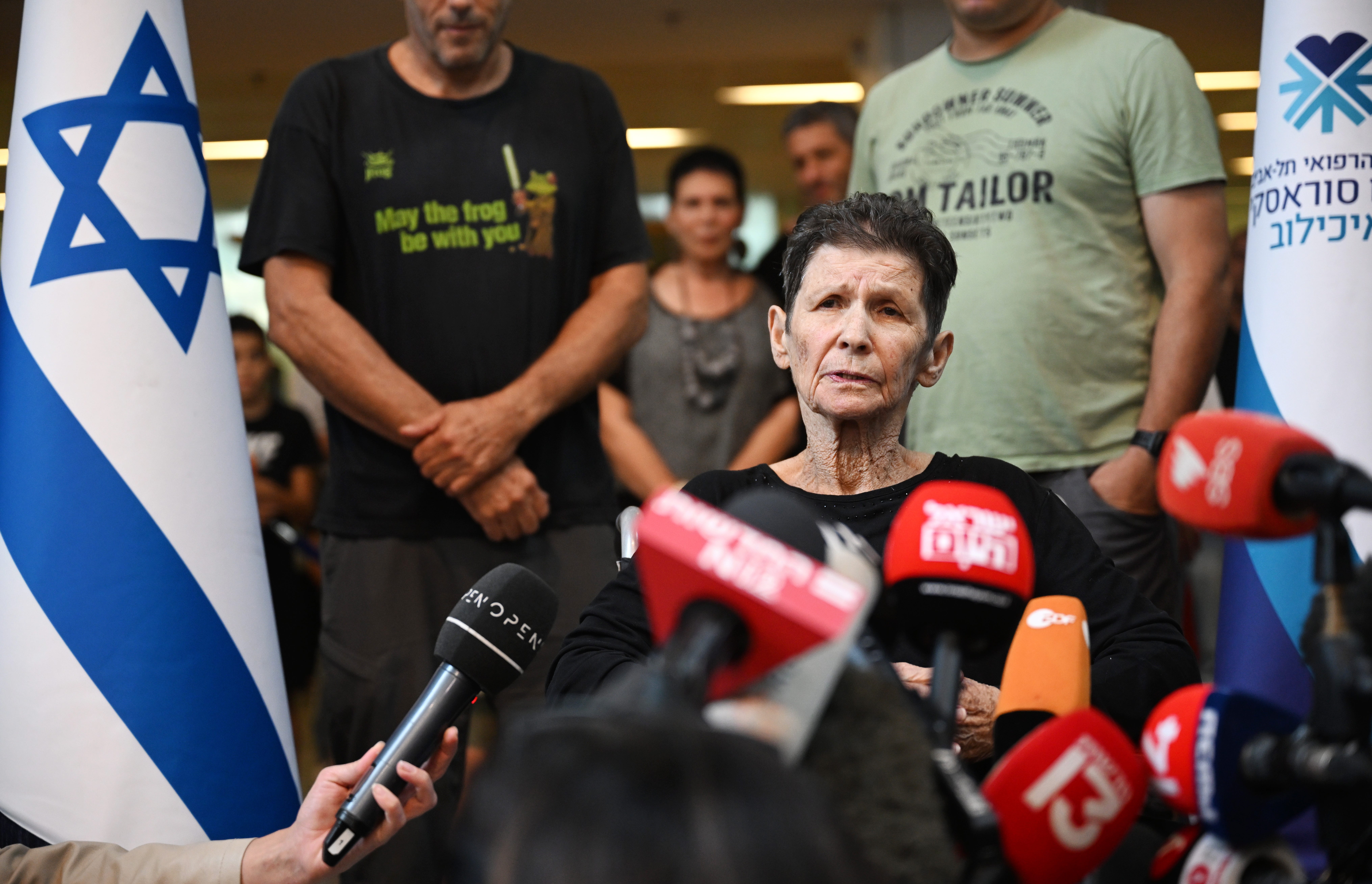 October 24, 2023: Yocheved Lifshitz speaks to the media outside Ichilov Hospital after she was released by Hamas last night in Tel Aviv, Israel. Last night, two hostages taken by Hamas on Oct. 7th, Nurit Cooper and Yocheved Lifshitz were released to the Red Cross within Gaza and returned to Israel. This followed the release of two other hostages, both US nationals, who were released on Saturday.