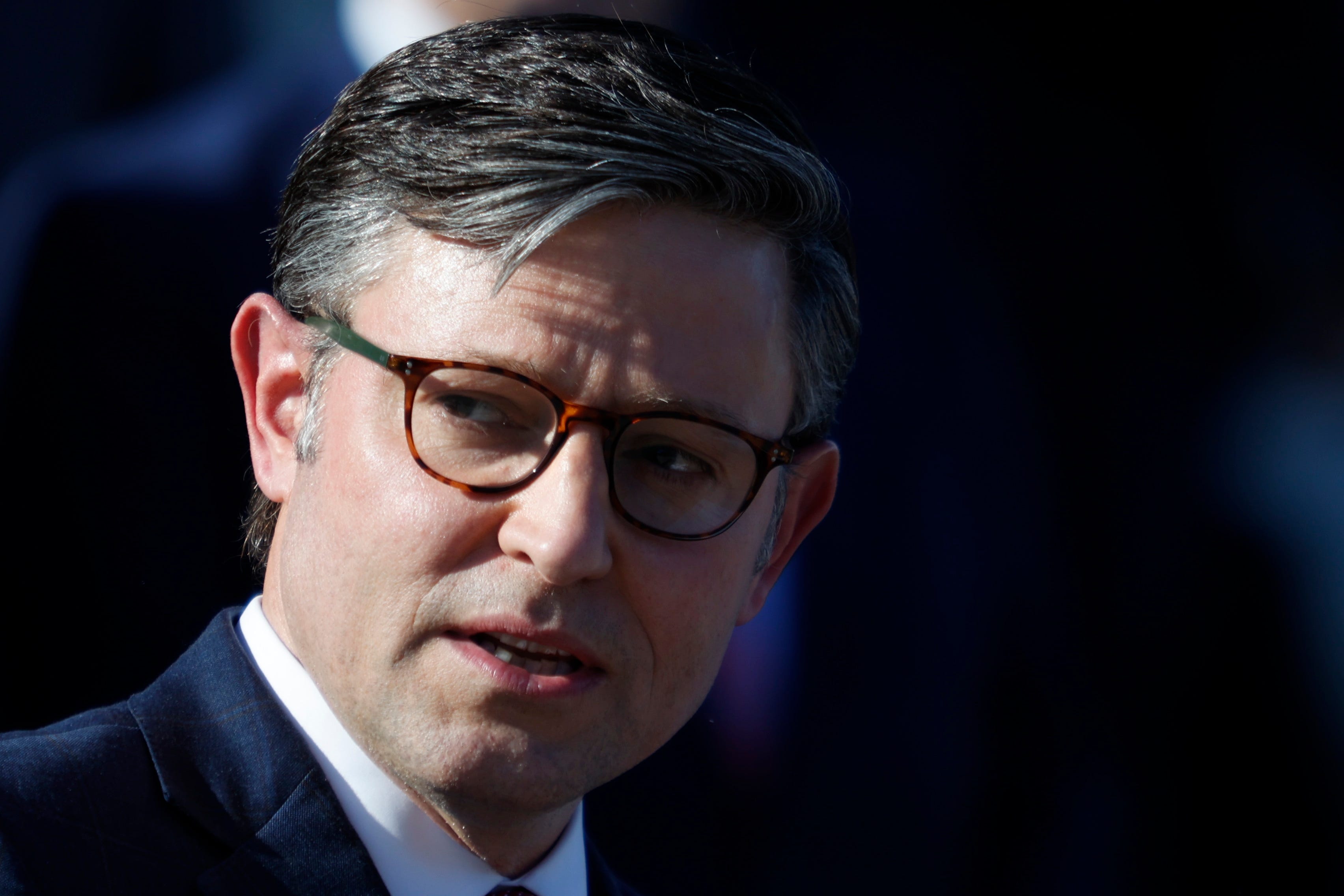 Speaker of the House Rep. Mike Johnson, R-La., delivers remarks as Republican House lawmakers gather on the Capitol steps after electing Johnson to the speakership in Washington.
