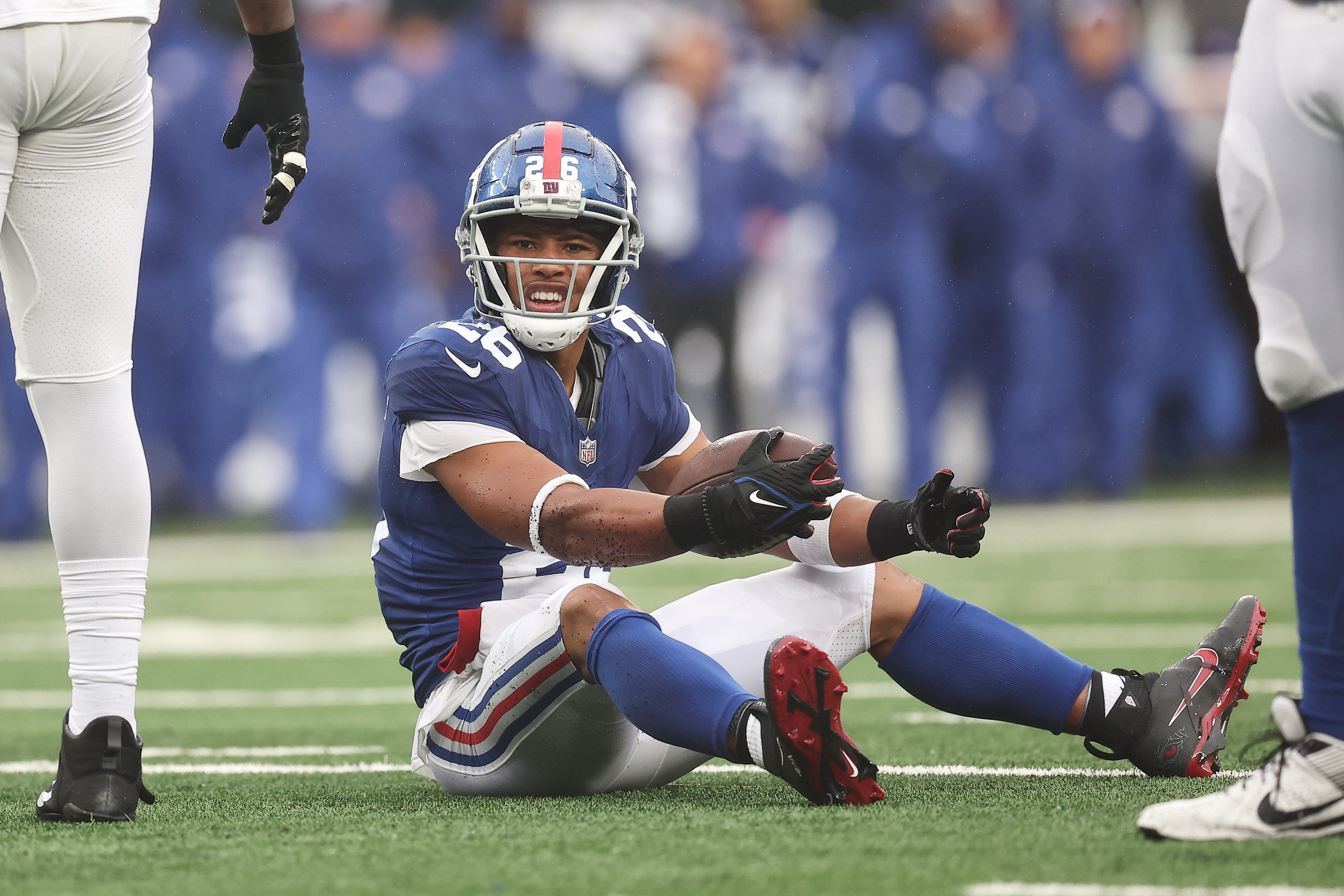 Saquon Barkley of the New York Giants reacts after a penalty on the New York Jets during the second quarter at MetLife Stadium on October 29, 2023 in East Rutherford, New Jersey.