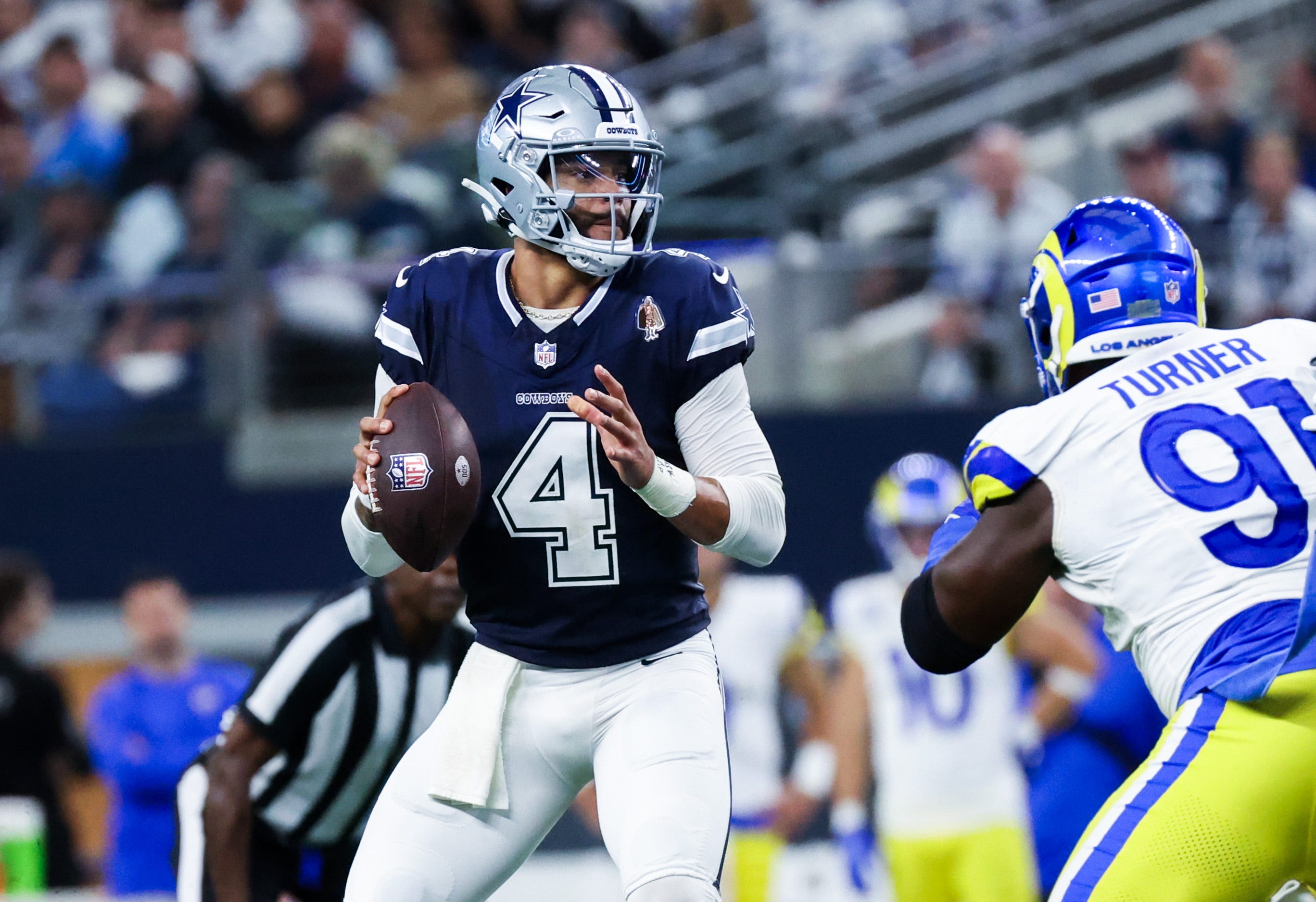 Cowboys quarterback Dak Prescott recorded his first 300-yard passing game of the season in Week 8 against the Rams in a 43-20 blowout.