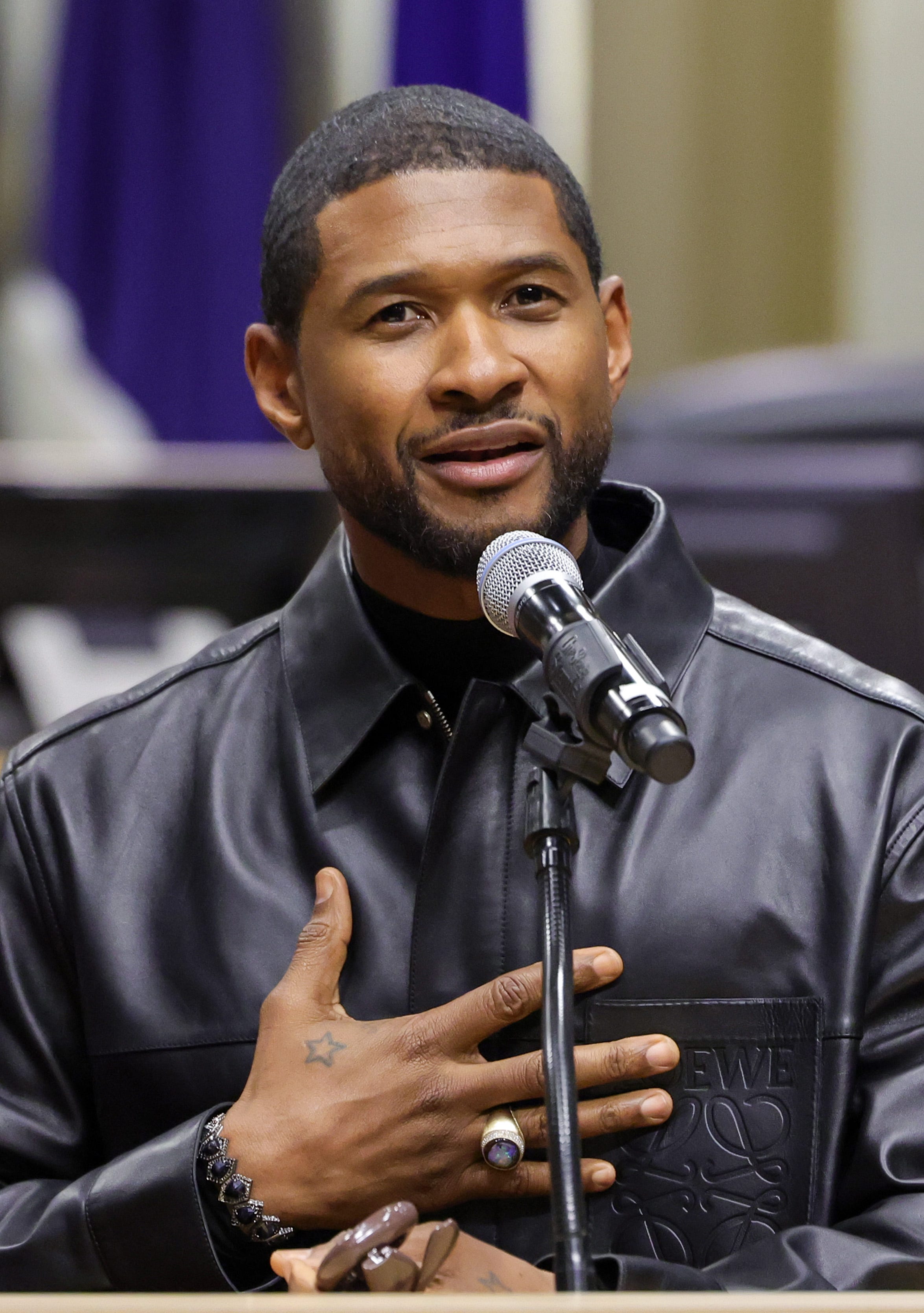 Usher speaks during a ceremony honoring him at Las Vegas City Hall on Oct. 17, 2023 in Las Vegas. Usher was given a proclamation and a ceremonial key to Las Vegas for his work in the local community, his "My Way" residency at Park MGM and for his upcoming performance at halftime of Super Bowl LVIII at Allegiant Stadium in Las Vegas.