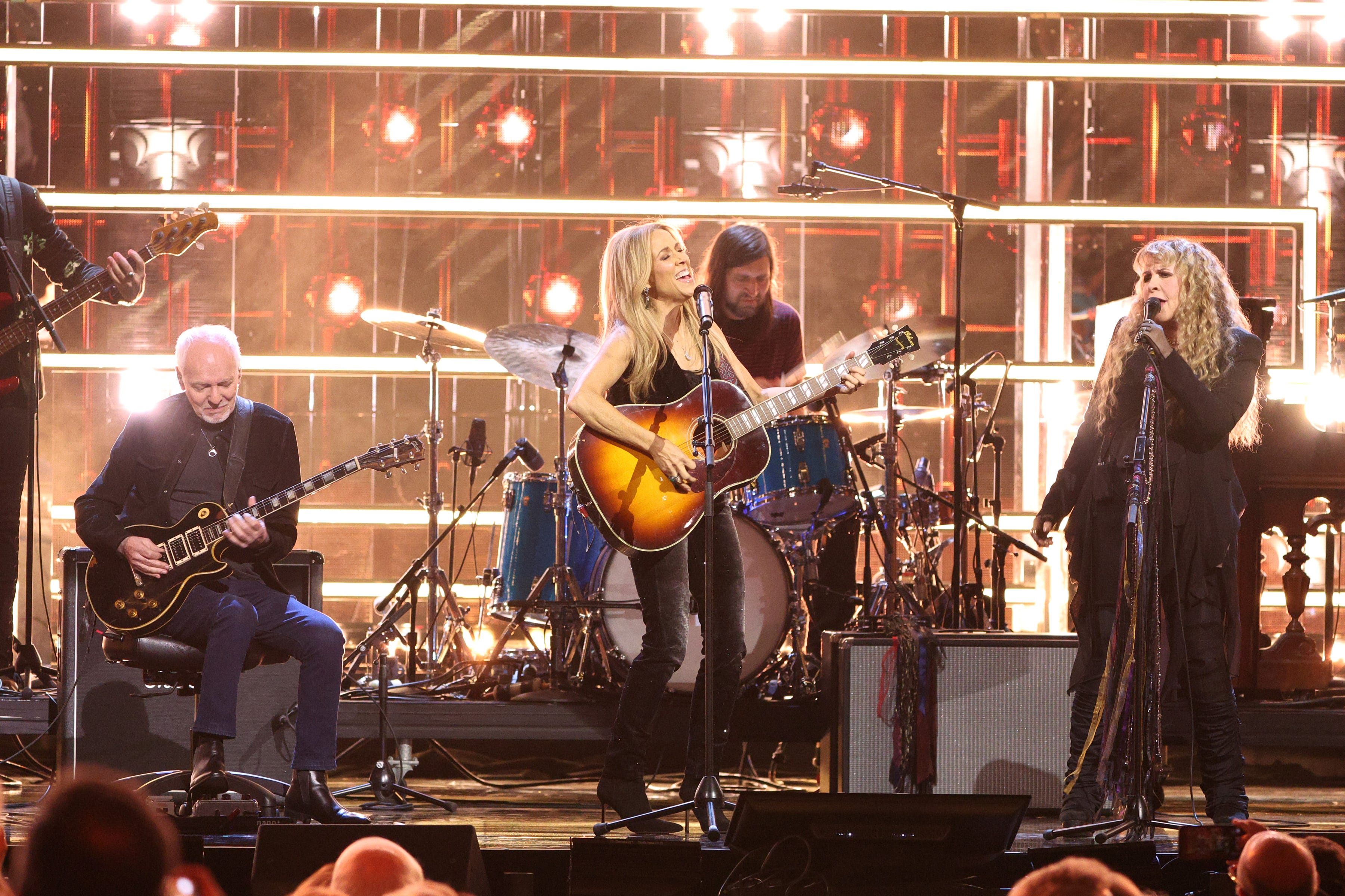 (L-R) Peter Frampton, Sheryl Crow and Stevie Nicks perform during 38th Annual Rock & Roll Hall Of Fame Induction Ceremony at Barclays Center on Nov. 3, 2023 in New York City.