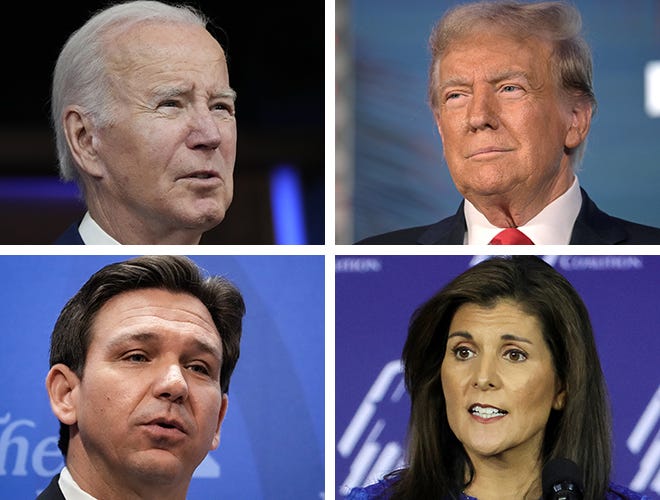 (Clockwise from upper left) President Joe Biden, former President Donald Trump, former South Carolina Gov. Nikki Haley and Florida Gov. Ron DeSantis