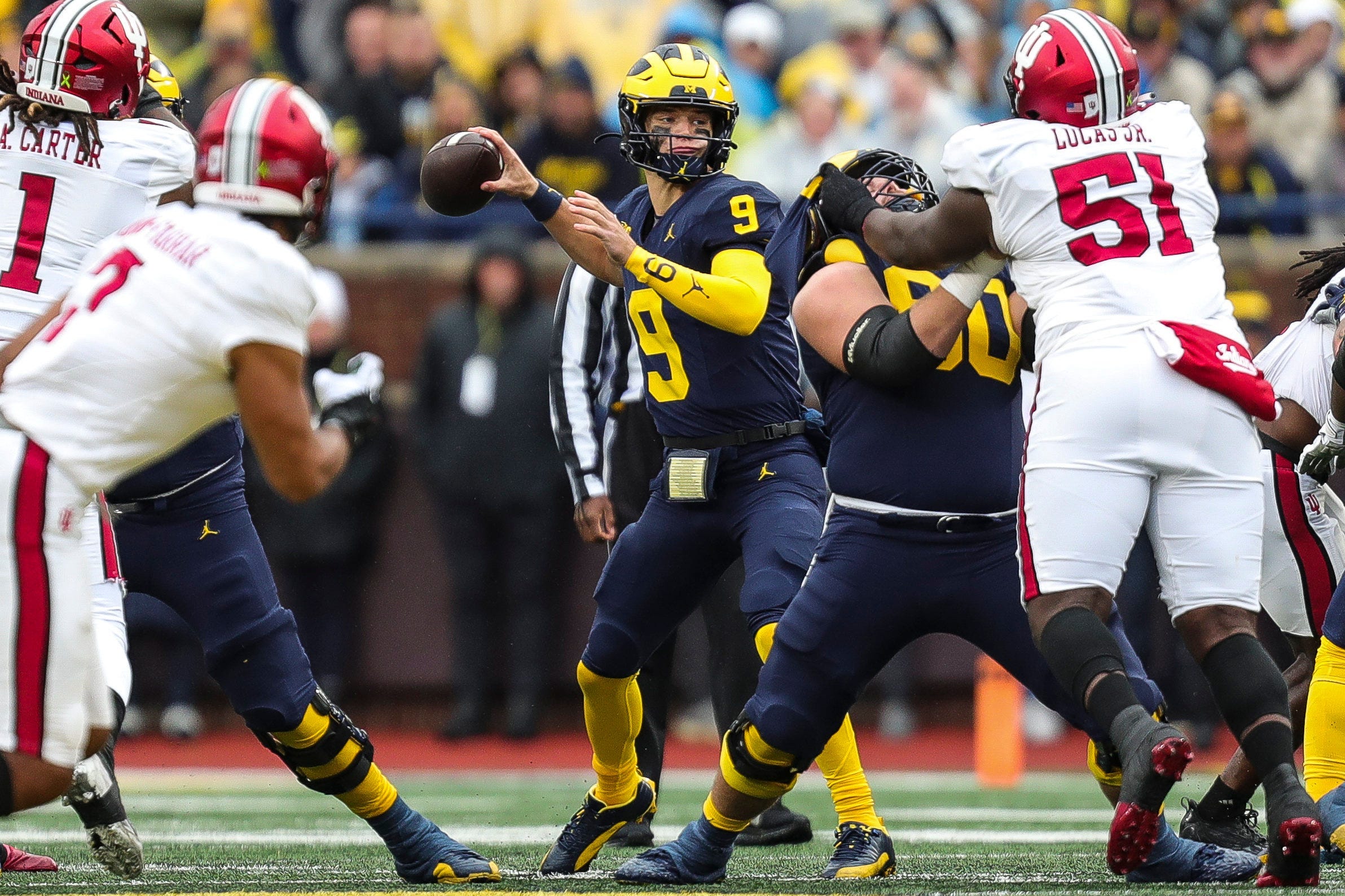 Michigan quarterback J.J. McCarthy looks to pass against Indiana during the first half at Michigan Stadium, Saturday, Oct. 14, 2023, in Ann Arbor.